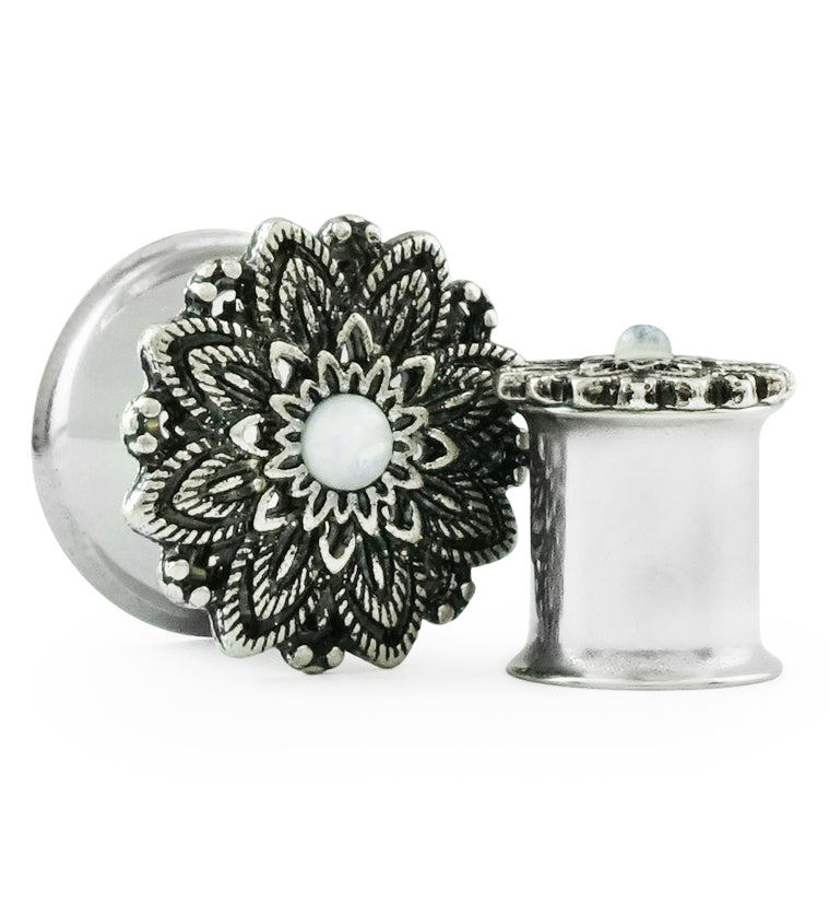 Silver Mandala Flower With Opalite Inlay Steel Plugs