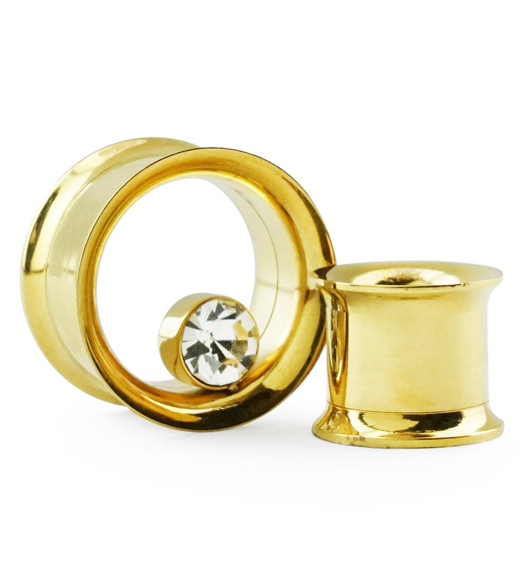 CZ Gem Gold Plated Steel Tunnel Plugs