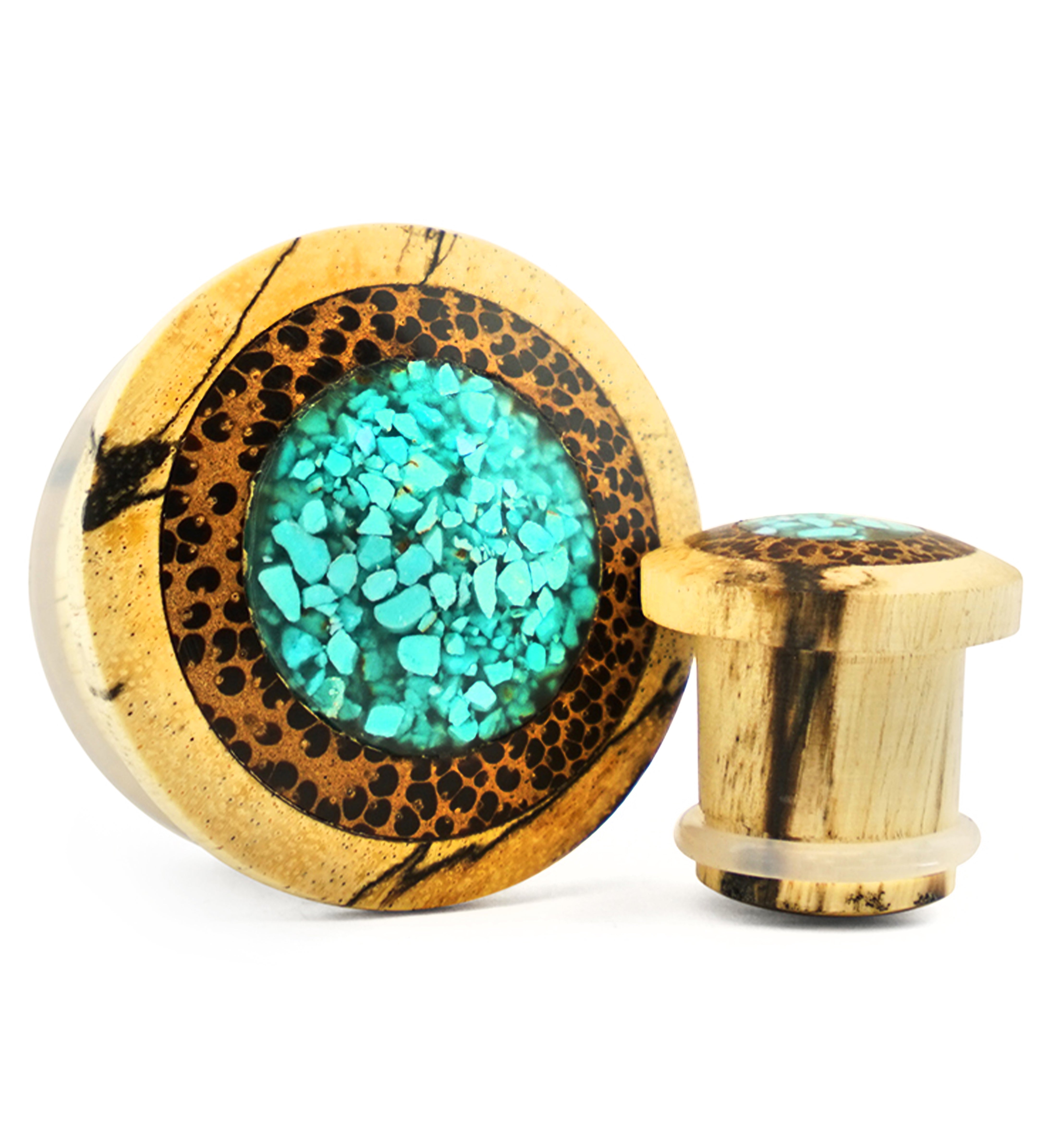 Single Flare Tamarind Wood Plugs with Coconut & Turquoise Inlay