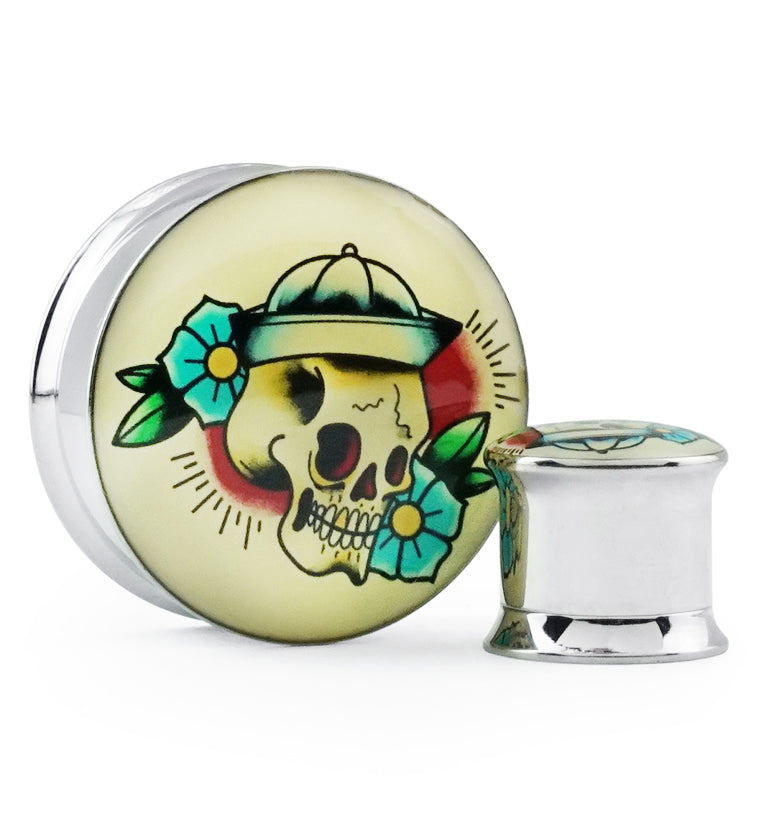 Sailor Skull Tattoo Steel Plugs