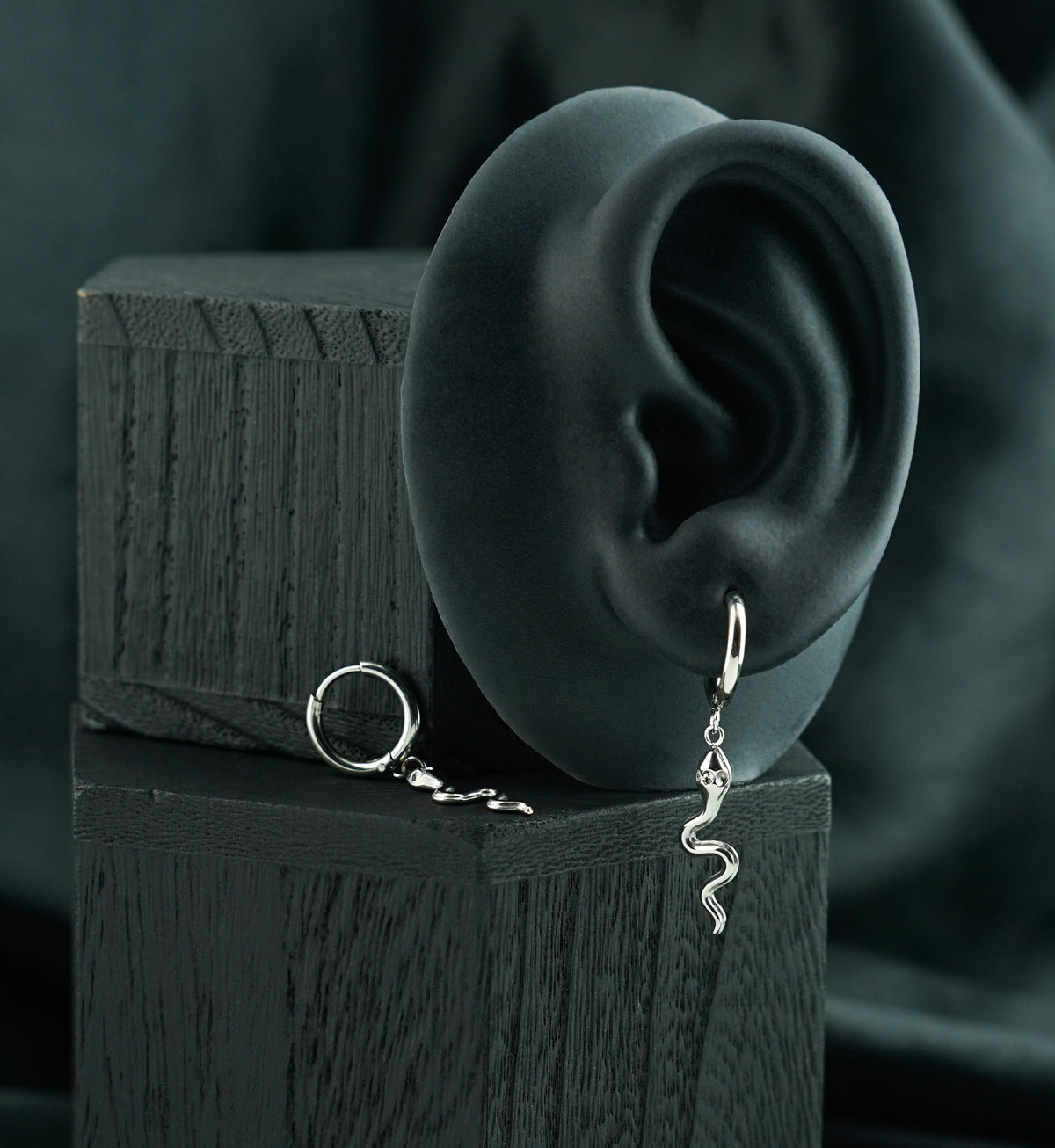 Snake Third-Eye CZ Dangle Stainless Steel Hinged Hoop Earrings by Urban Body Jewelry