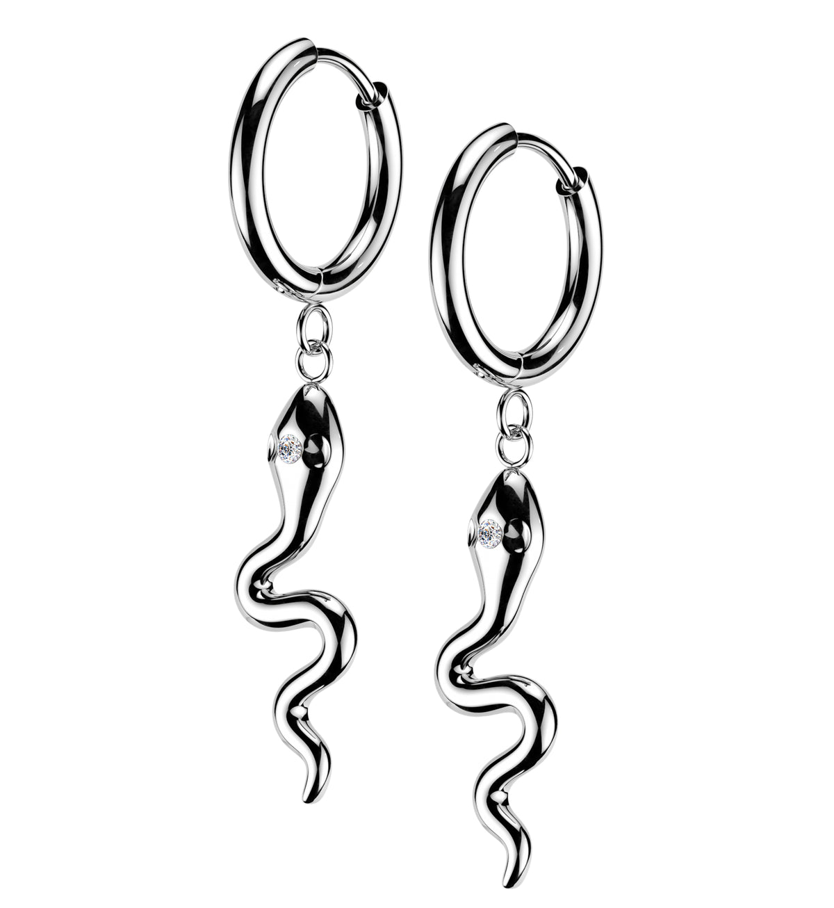 Snake Third-Eye CZ Dangle Stainless Steel Hinged Hoop Earrings by Urban Body Jewelry