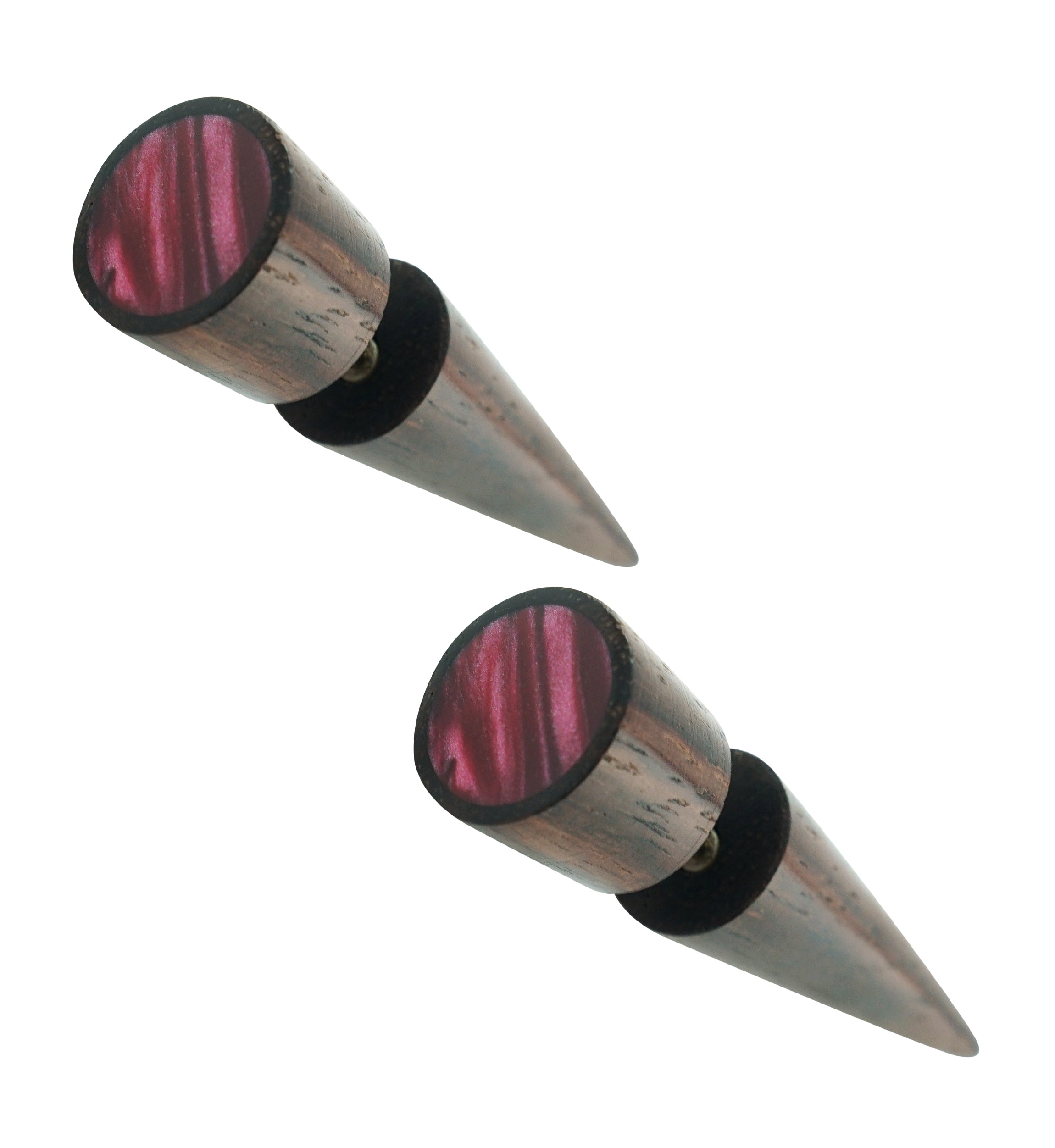 Sono Wooden Fake Gauge Taper Earring with Magenta Resin Inlay