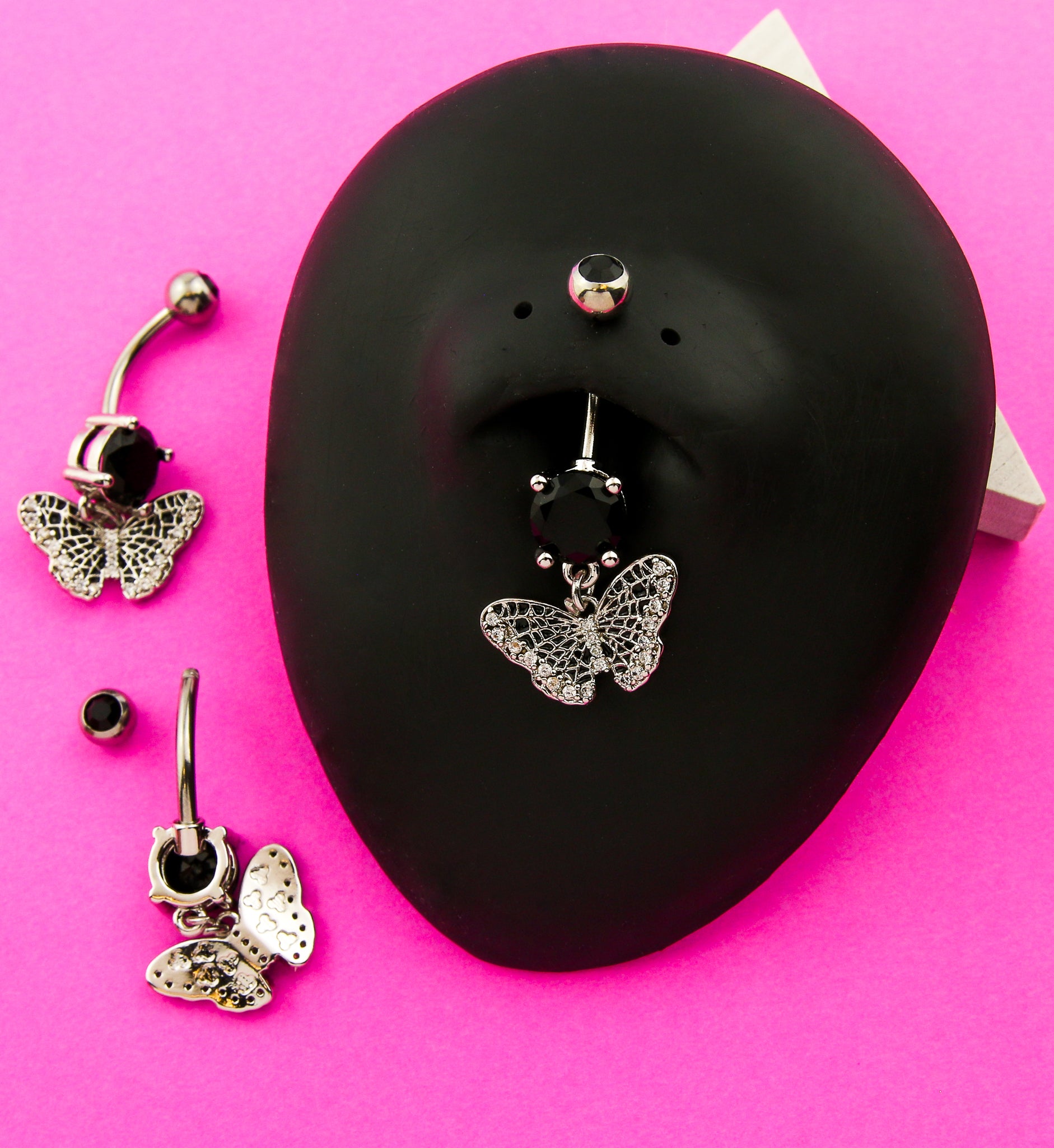 Spiderweb Butterfly Black CZ Dangle Stainless Steel Belly Button Ring