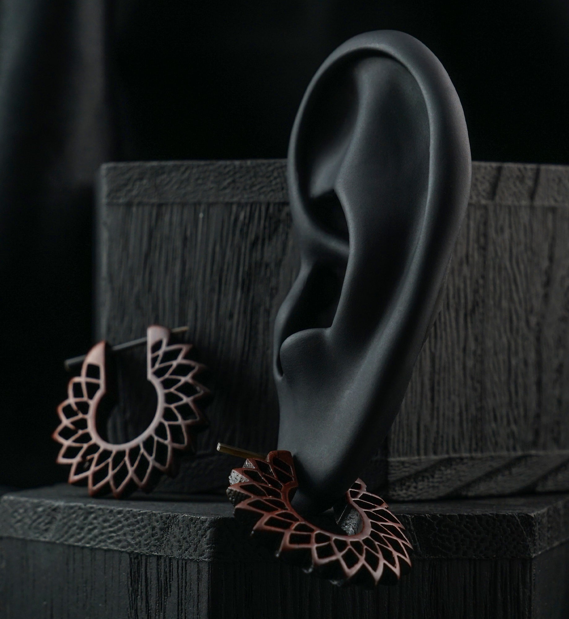 Spiky Flower Hoop Narra Wood Earrings