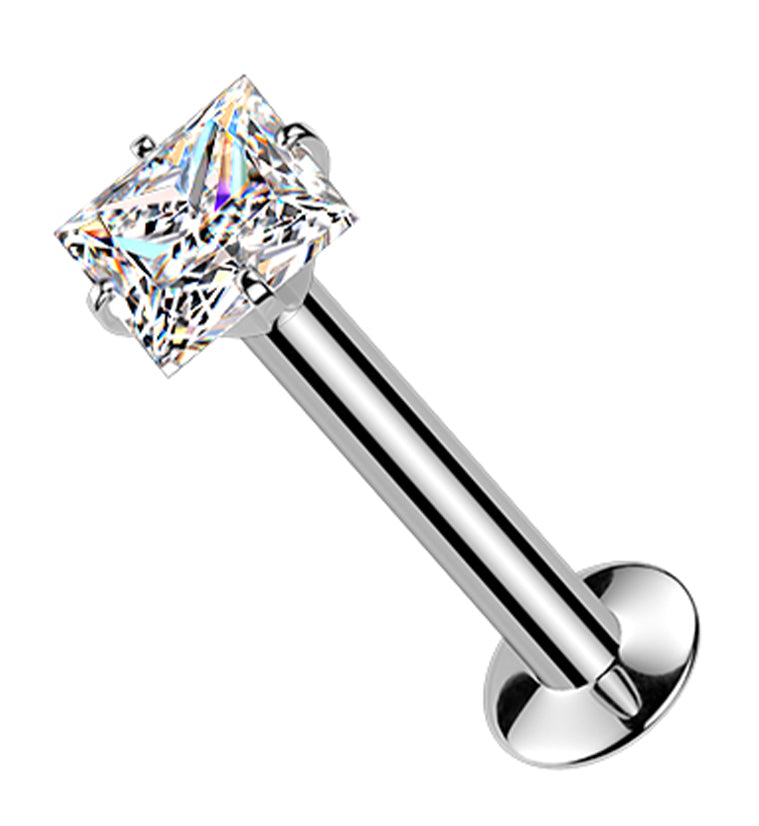 Square Prong Clear CZ Stainless Steel Threadless Convex Disk Labret