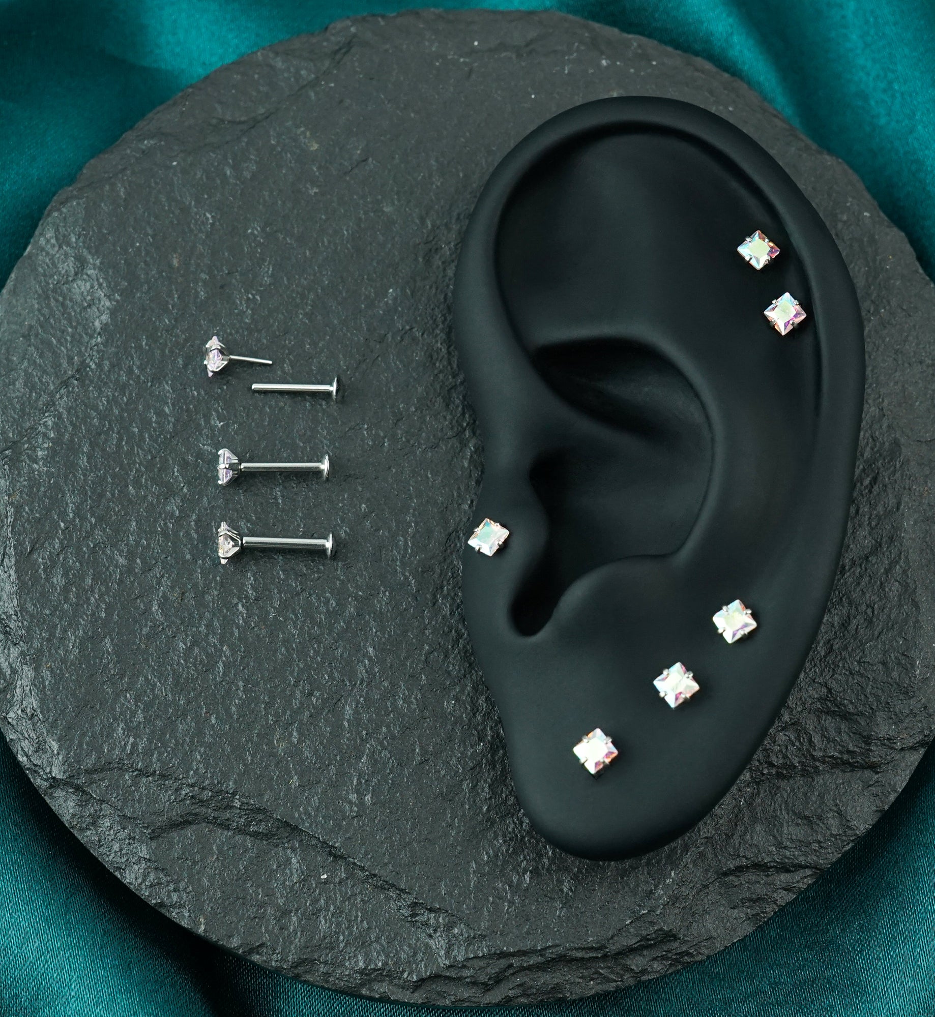 Square Prong Rainbow Aurora CZ Stainless Steel Threadless Convex Disk Labret