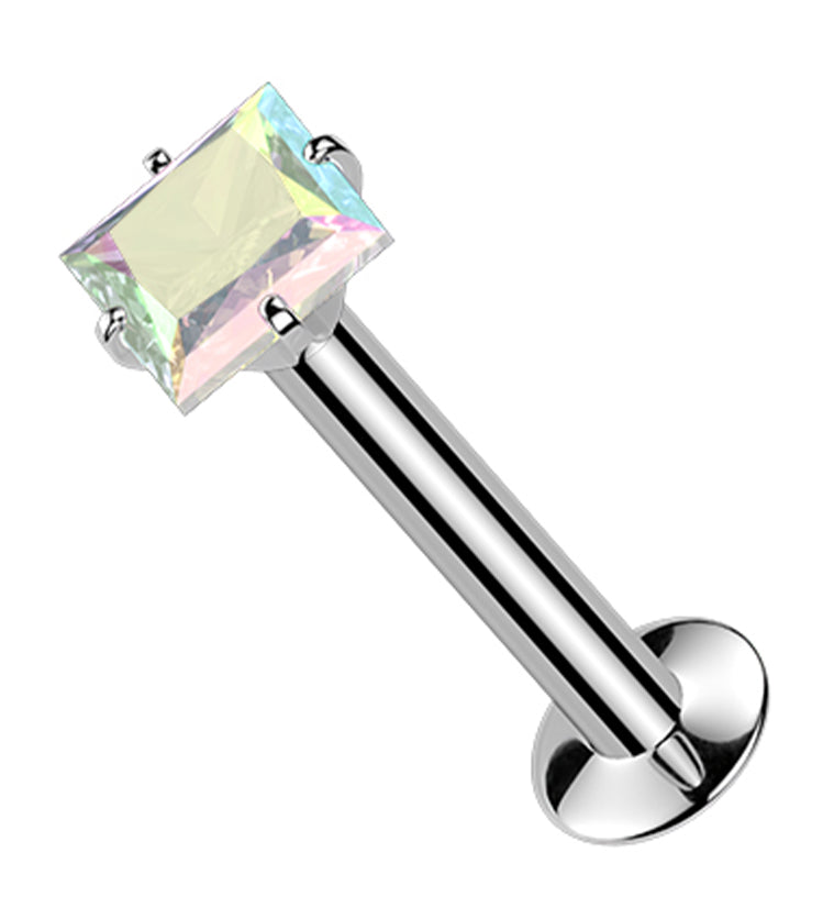 Square Prong Rainbow Aurora CZ Stainless Steel Threadless Convex Disk Labret