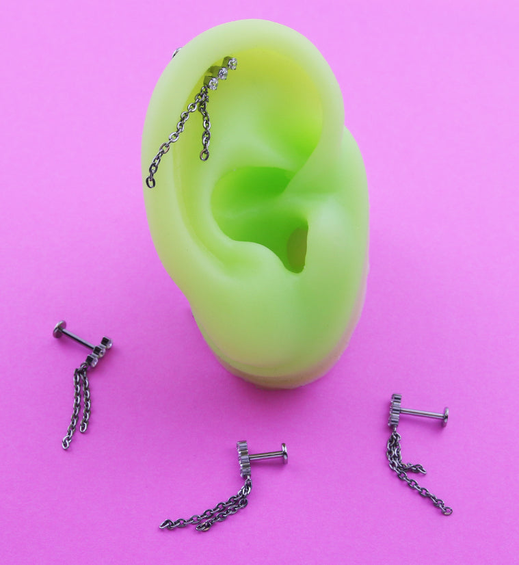 Stacked Triple Clear CZ Dangle Chains Titanium Internally Threaded Labret