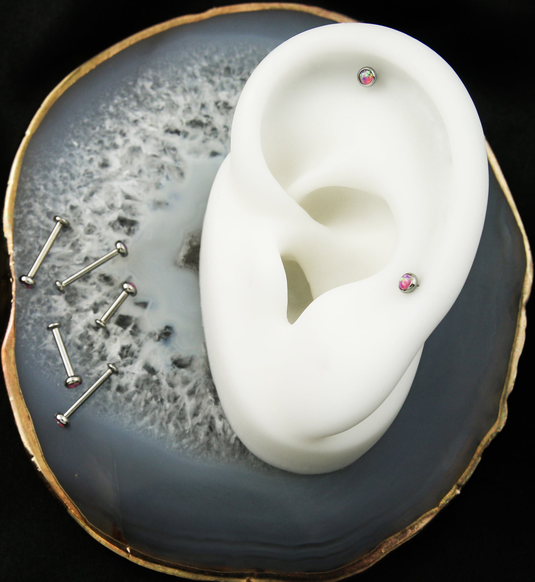 Stainless Steel Pink Opalite Flatback Labret