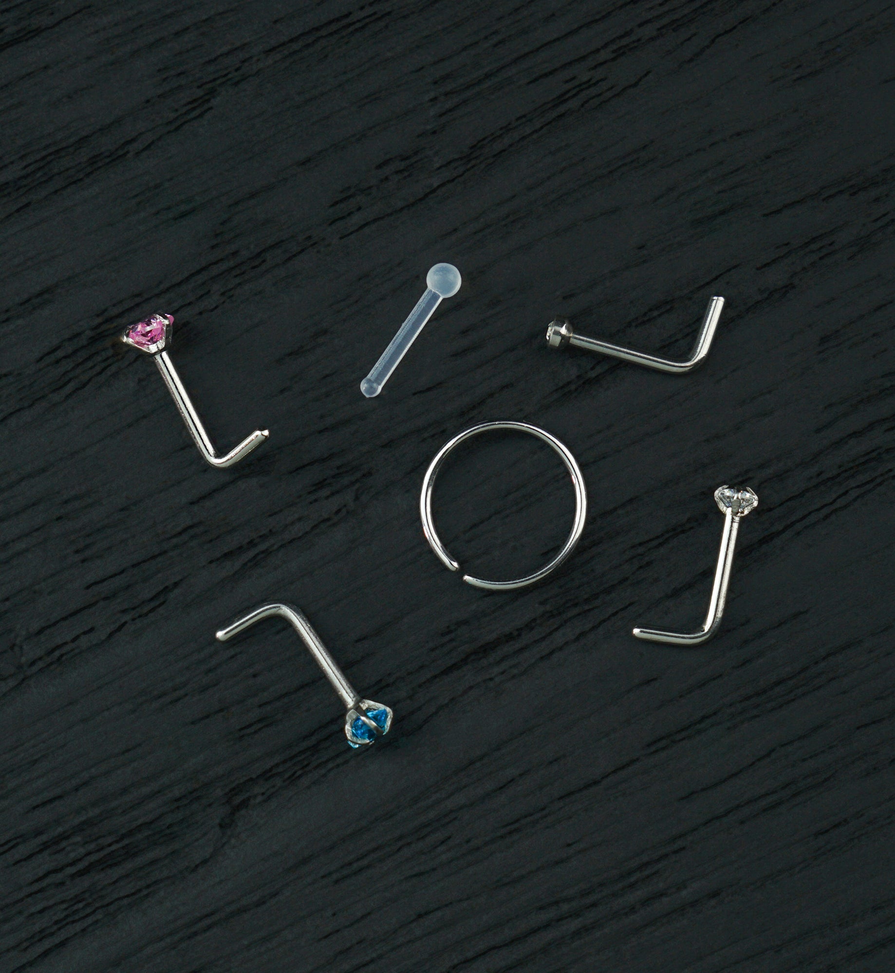 Star And Heart Pink/Aqua CZ Stainless Steel L Bend/Stud/Hoop Variety Pack (6 Pack)