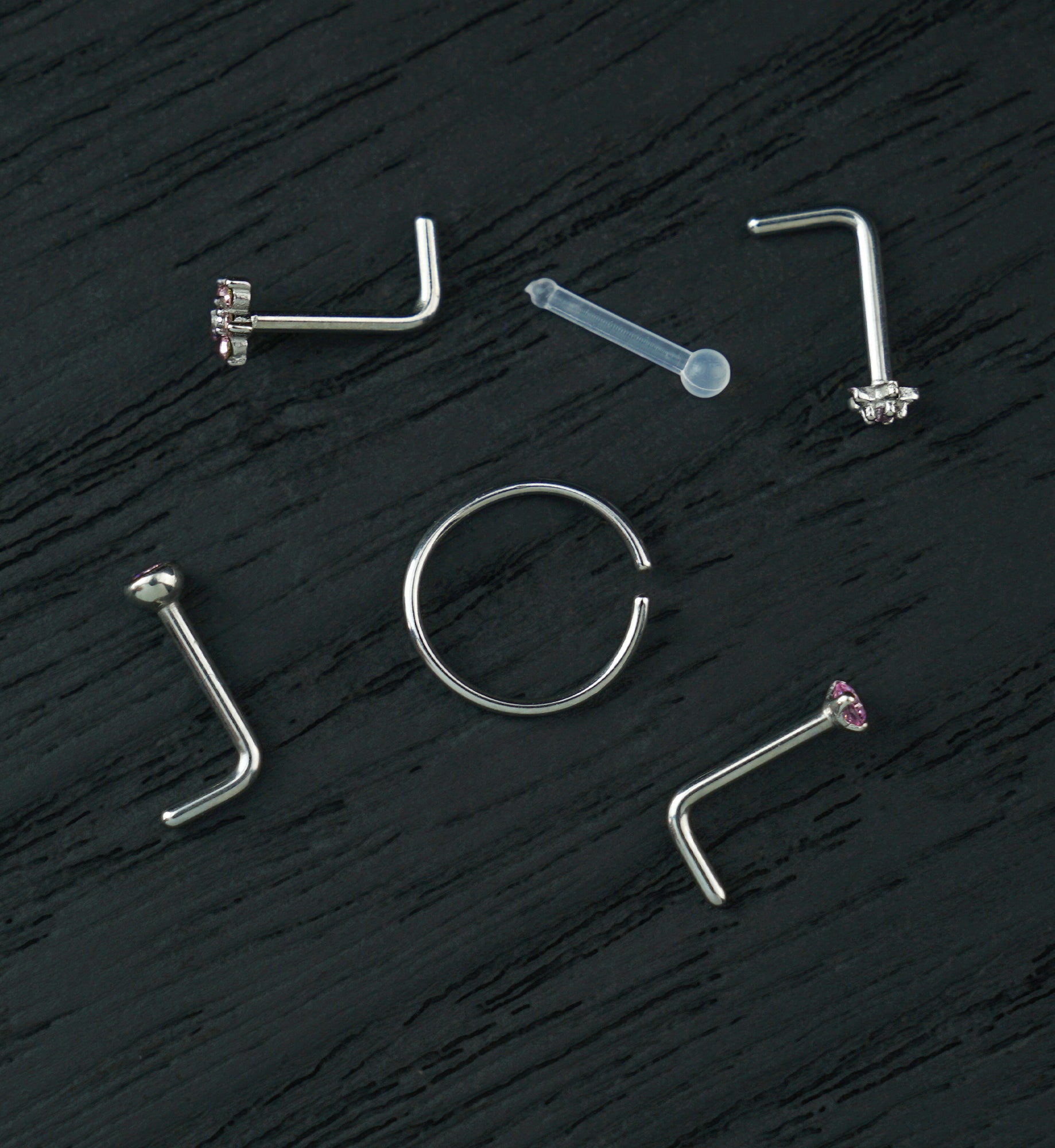 Star Flower Pink CZ Stainless Steel L Bend/Stud/Hoop Variety Pack (6 Pack)