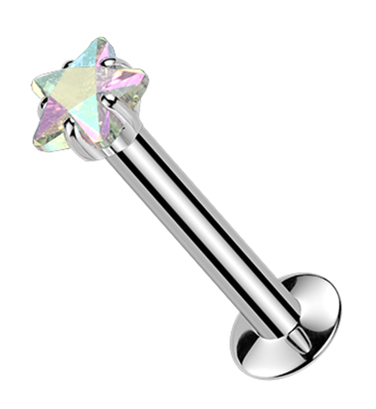 Star Prong Rainbow Aurora CZ Stainless Steel Threadless Convex Disk Labret