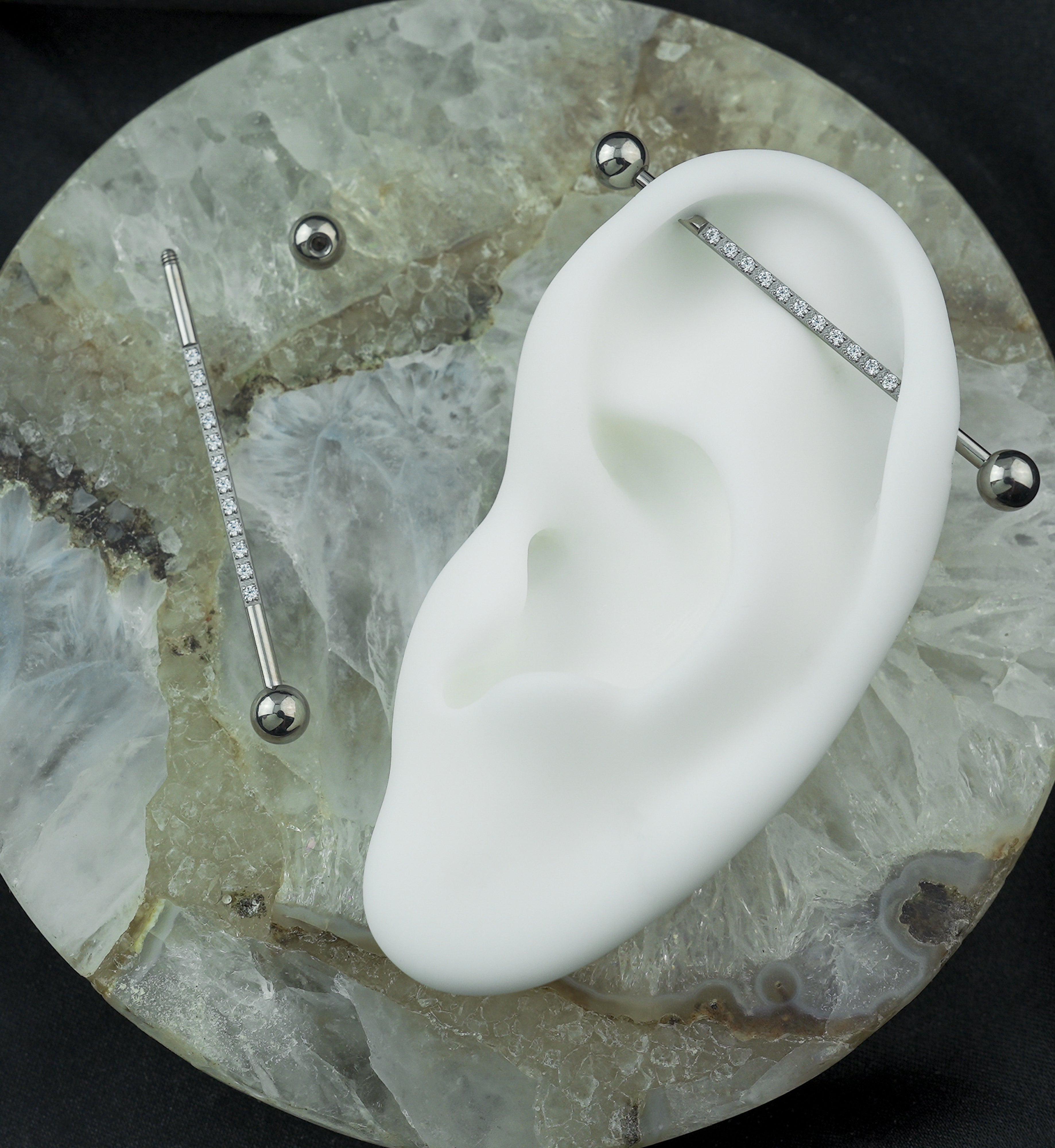 Stripe Clear CZ Externally Threaded Titanium Industrial Barbell