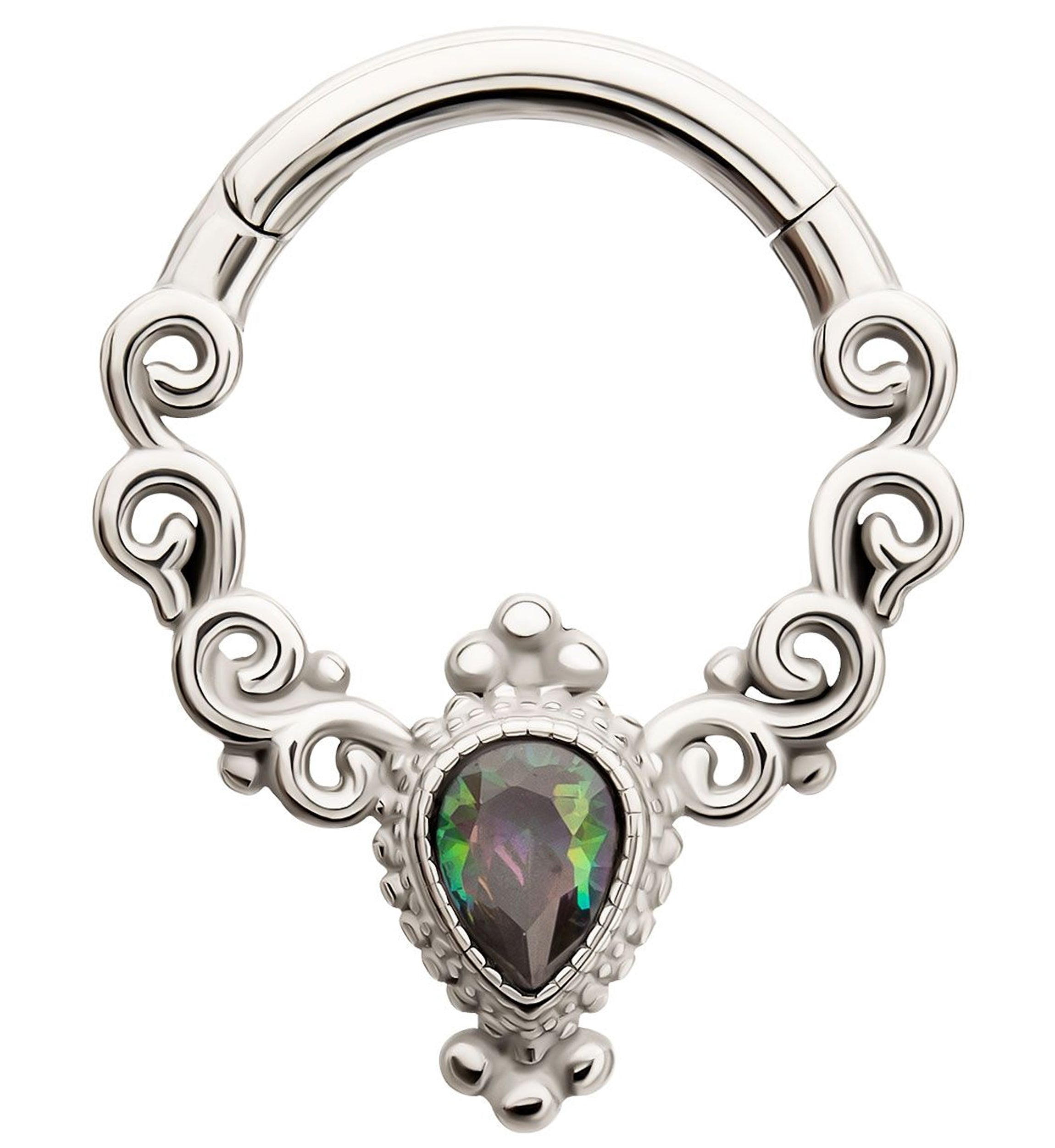 Swirl Purple Aurora Teardrop CZ Stainless Steel Hinged Segment Ring