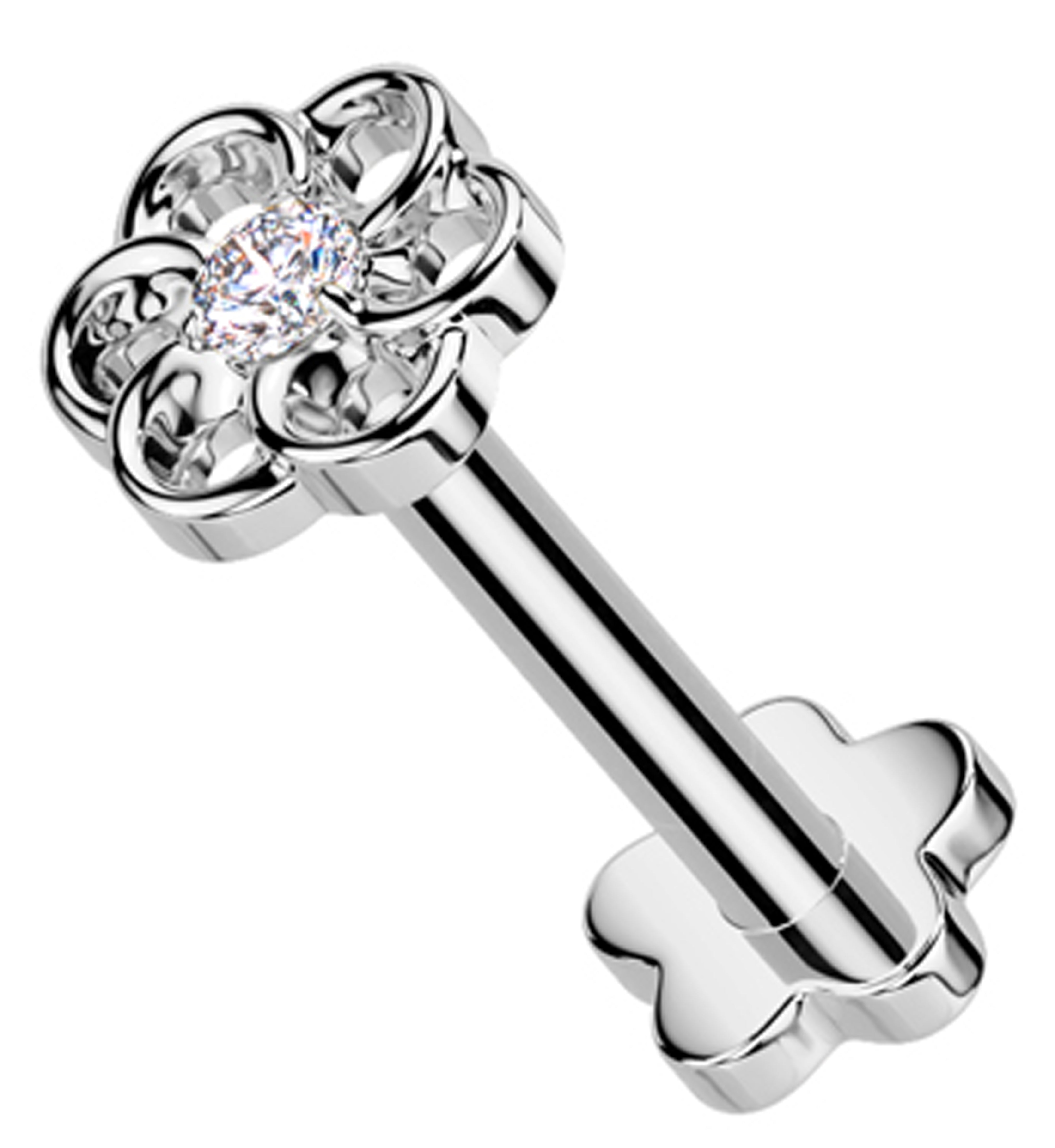 Swirling Flower Clear CZ Threadless Titanium Flower Back Labret