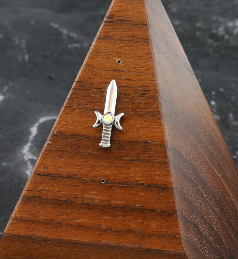 Sword And Moon Phase Rainbow Aurora CZ Threadless Titanium Top