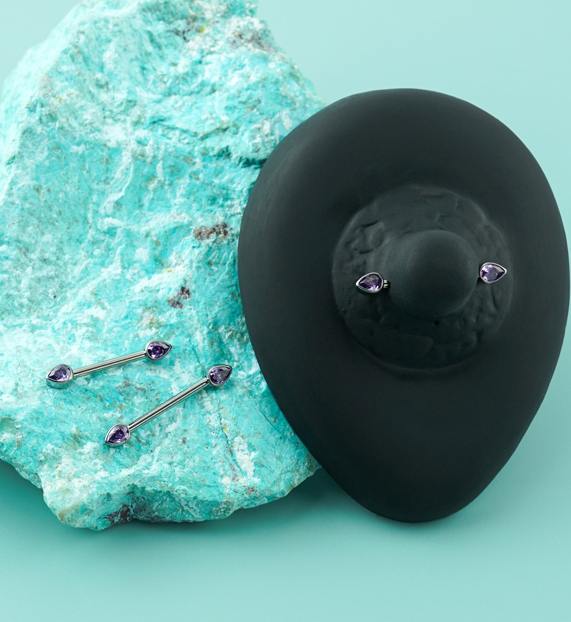 Teardrop Amethyst CZ Titanium Internally Threaded Nipple Ring Barbell