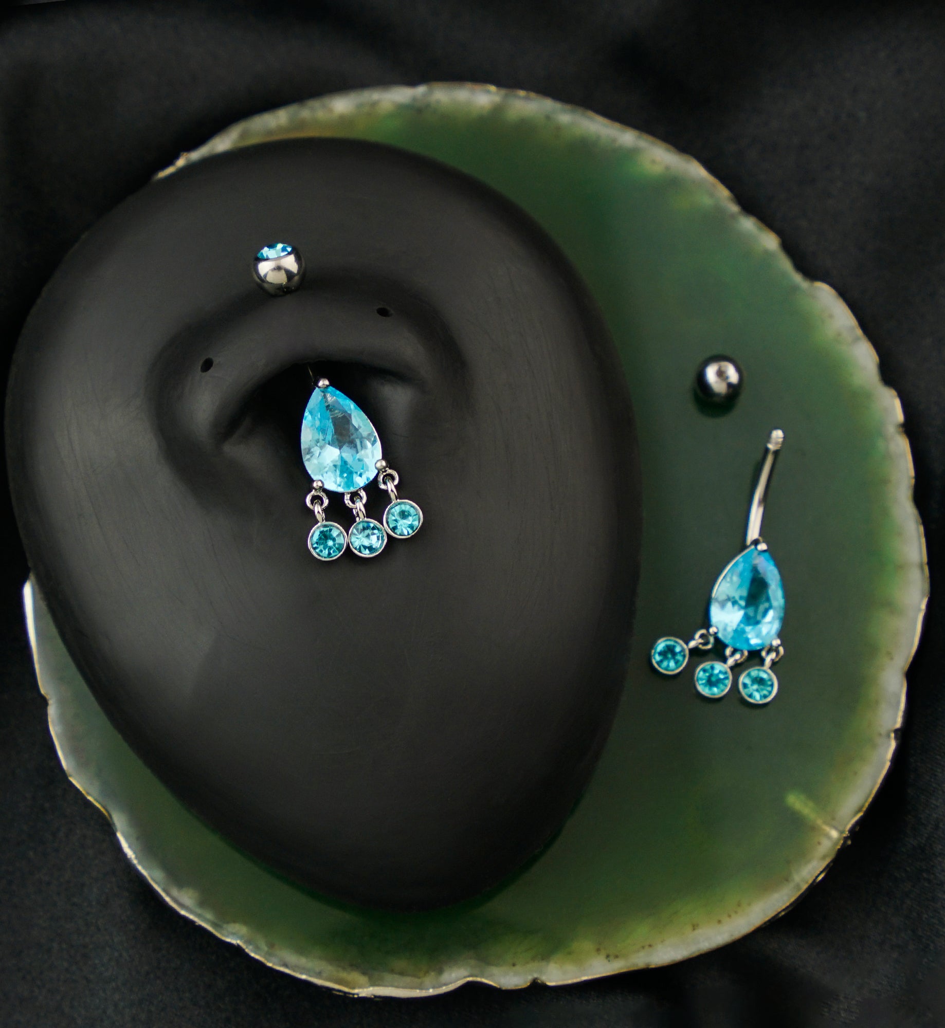 Teardrop Aqua CZ Triple Bezel Dangle Stainless Steel Belly Button Ring