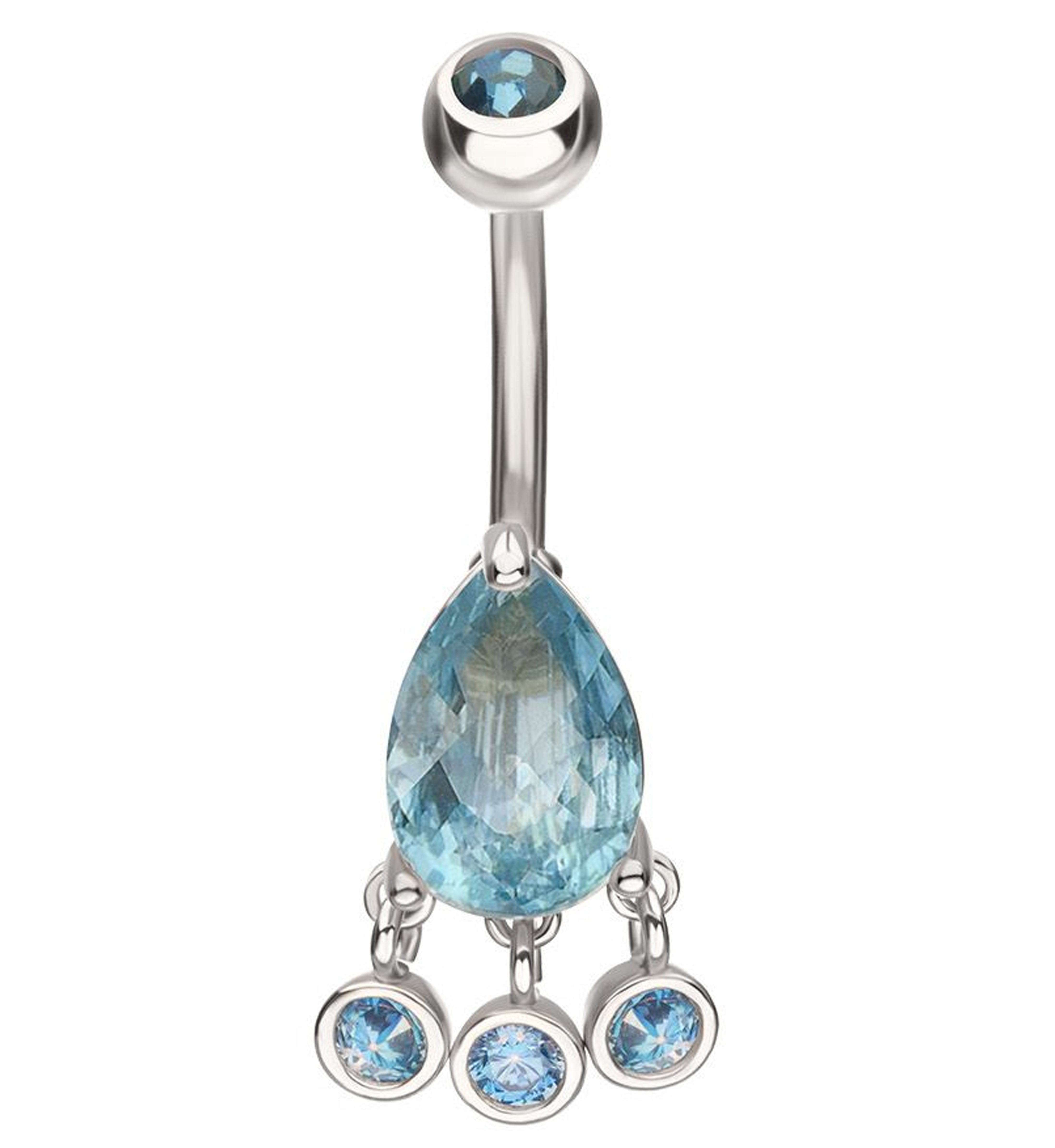 Teardrop Aqua CZ Triple Bezel Dangle Stainless Steel Belly Button Ring