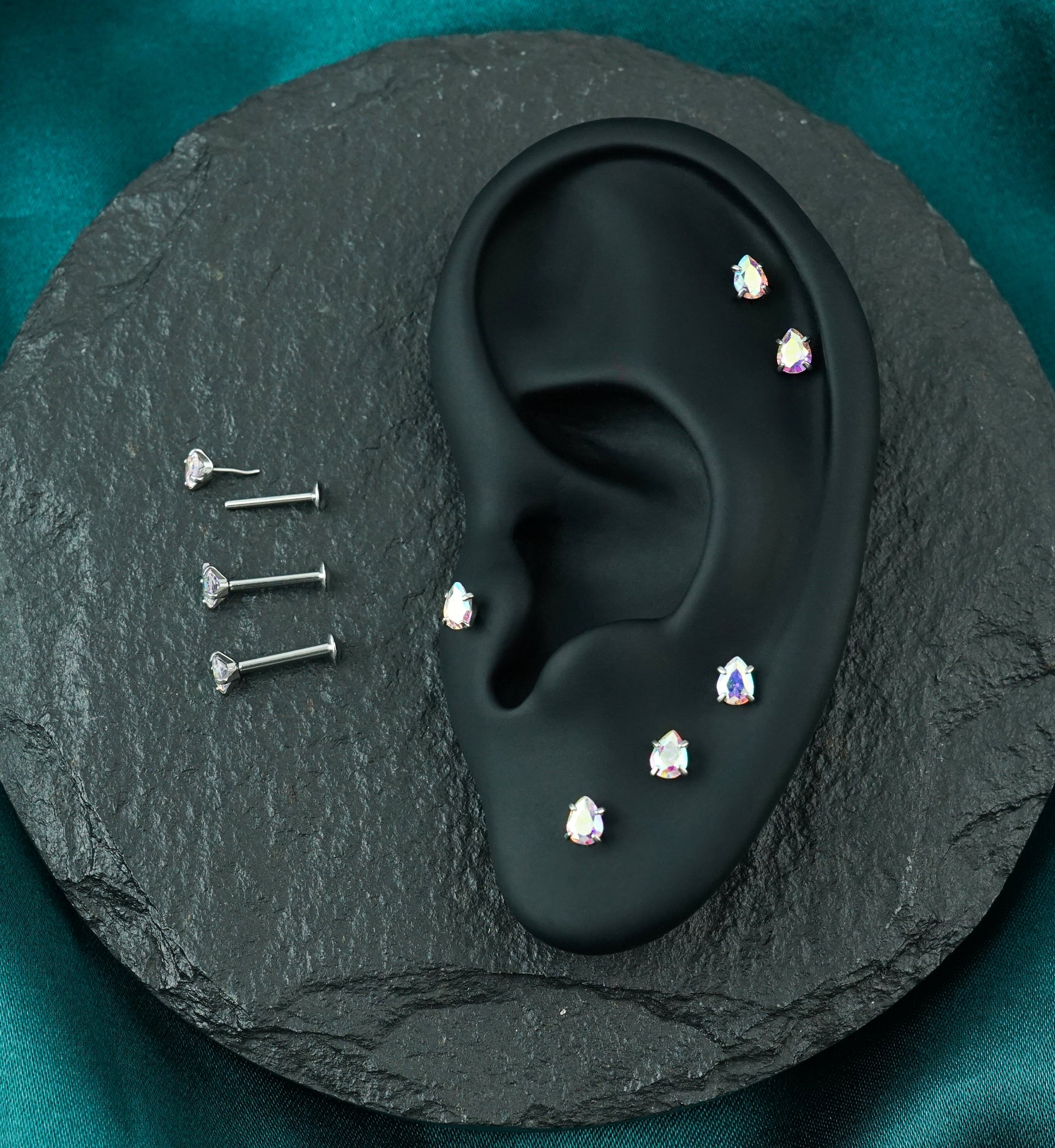 Teardrop Prong Rainbow Aurora CZ Stainless Steel Threadless Convex Disk Labret