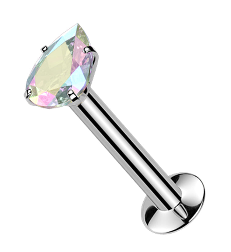 Teardrop Prong Rainbow Aurora CZ Stainless Steel Threadless Convex Disk Labret