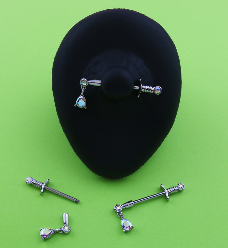 Teardrop Rainbow Aurora CZ Dagger Stainless Steel Nipple Barbell