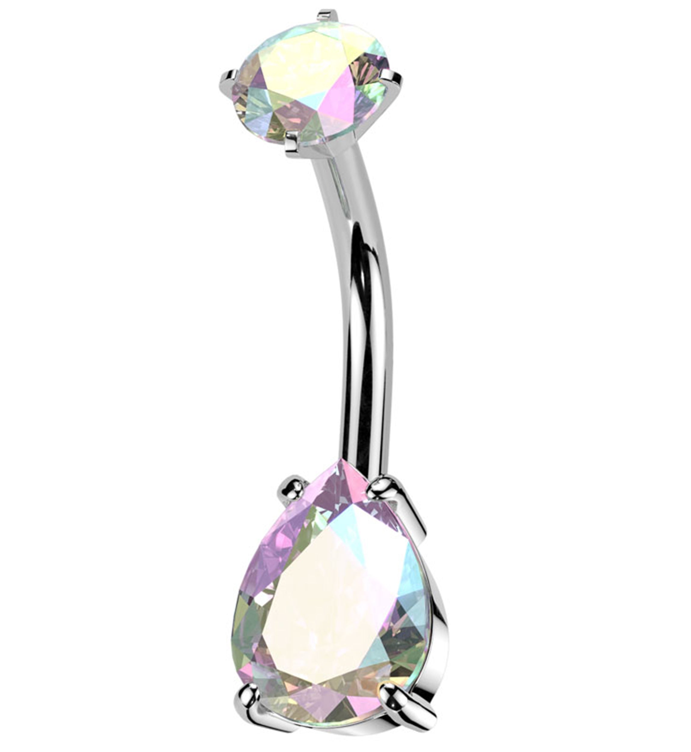 Teardrop Rainbow Aurora CZ Internally Threaded Stainless Steel Belly Button Ring