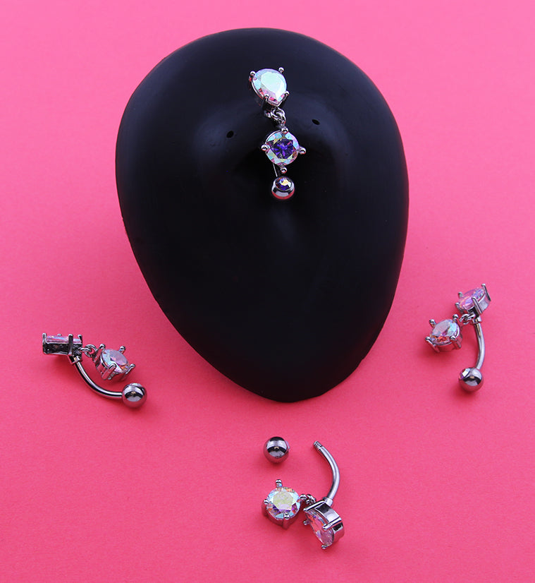 Teardrop Top Rainbow Aurora CZ Dangle Stainless Steel Belly Button Ring
