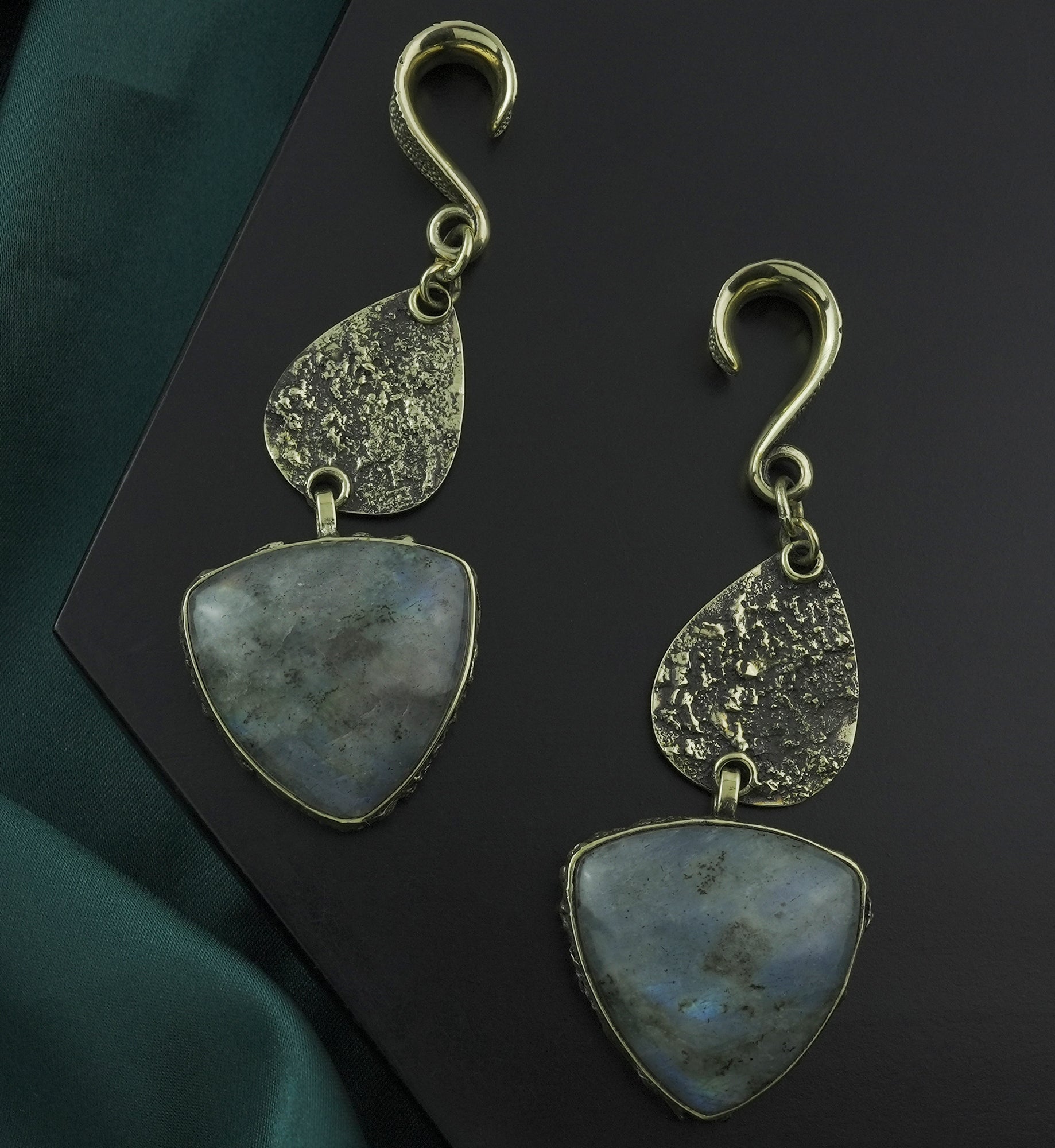 Textured Dart Labradorite Stone Hanging Brass Ear Weights