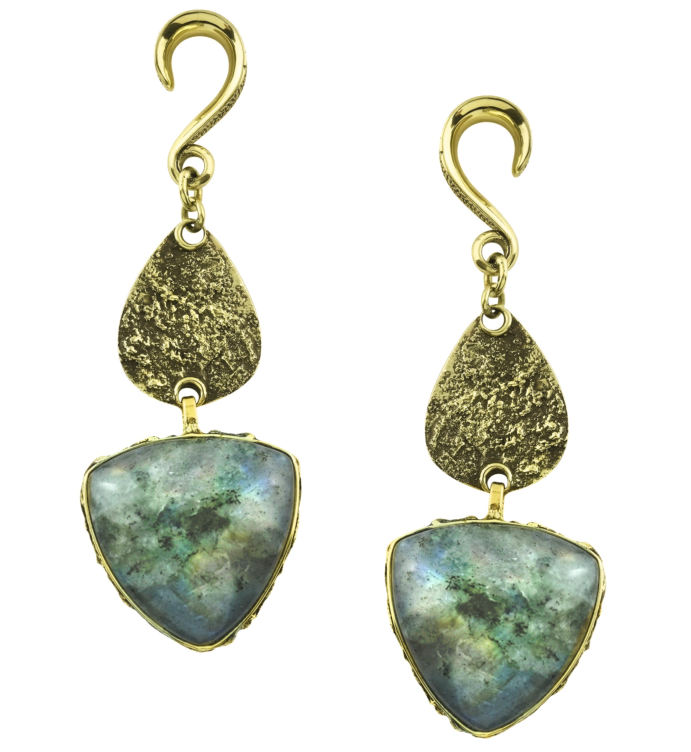Textured Dart Labradorite Stone Hanging Brass Ear Weights