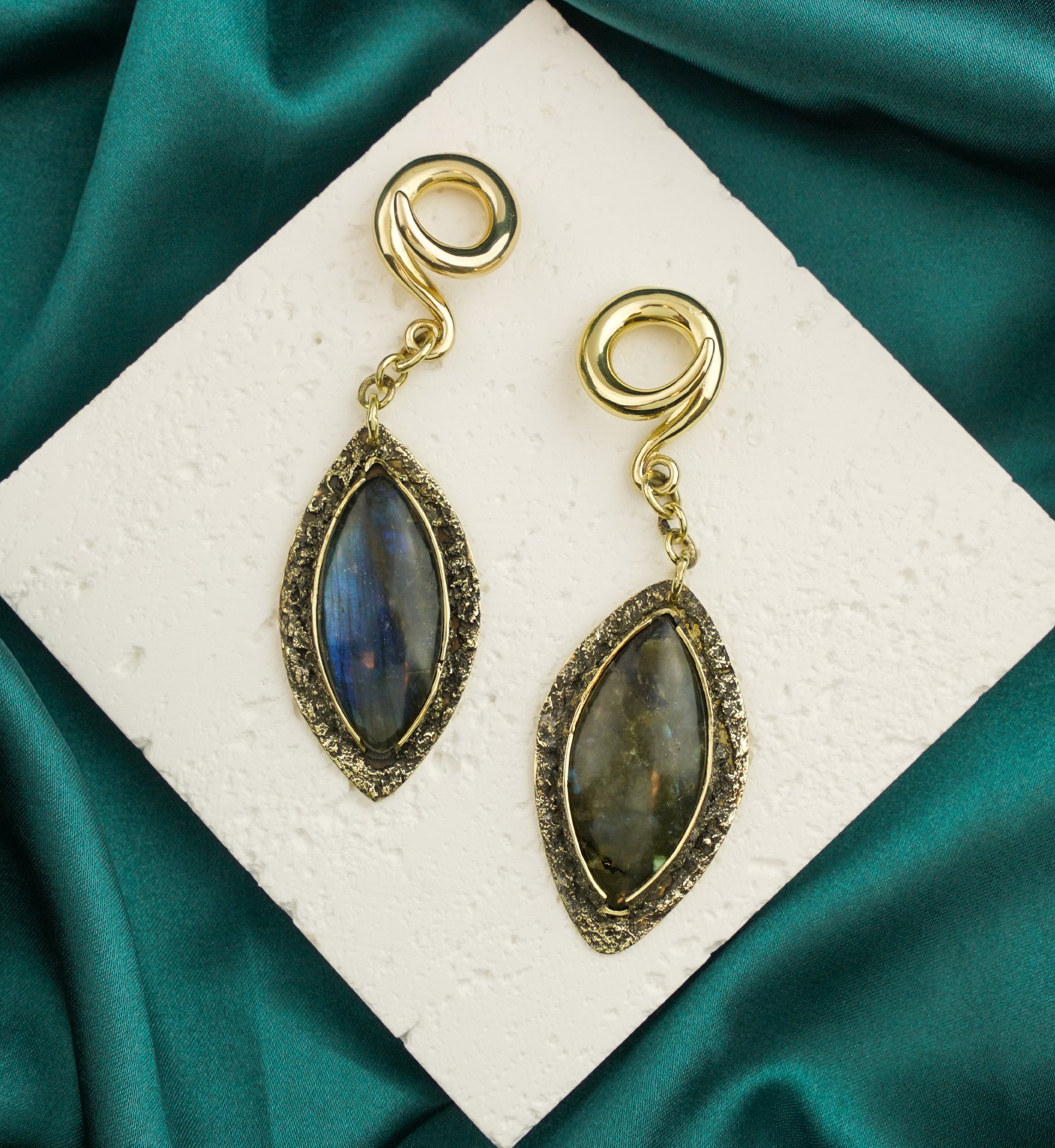 Textured Labradorite Stone Brass Hangers/Ear Weights Version 1