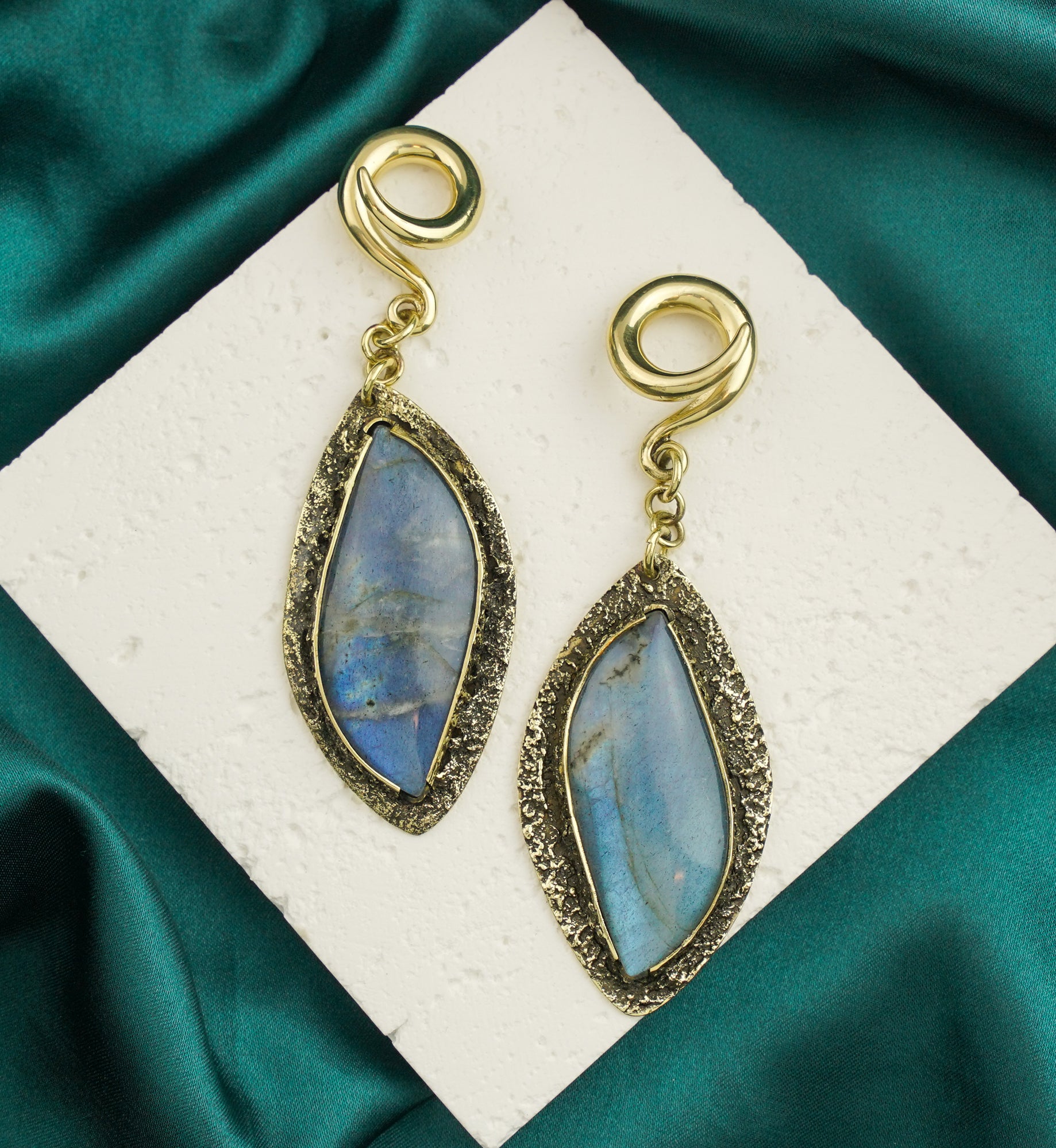 Textured Labradorite Stone Brass Hangers/Ear Weights Version 11