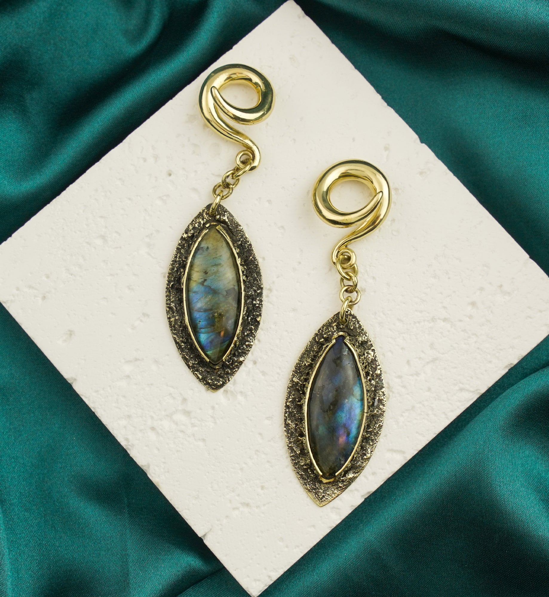Textured Labradorite Stone Brass Hangers/Ear Weights Version 14