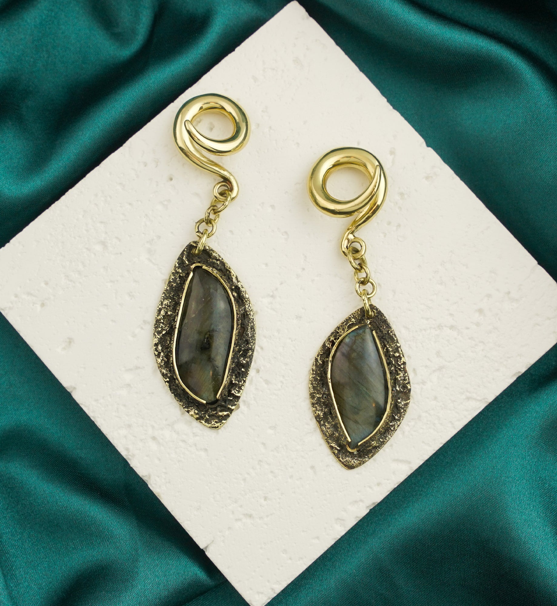 Textured Labradorite Stone Brass Hangers/Ear Weights Version 16