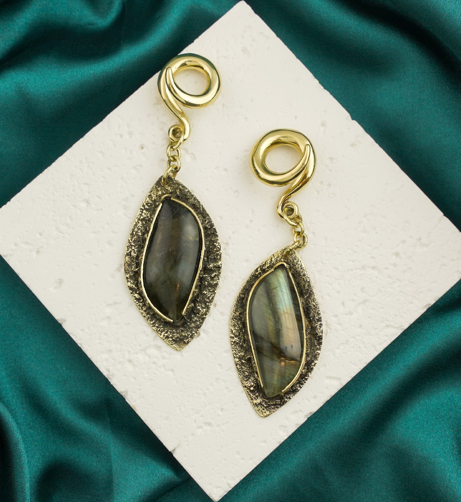 Textured Labradorite Stone Brass Hangers/Ear Weights Version 17
