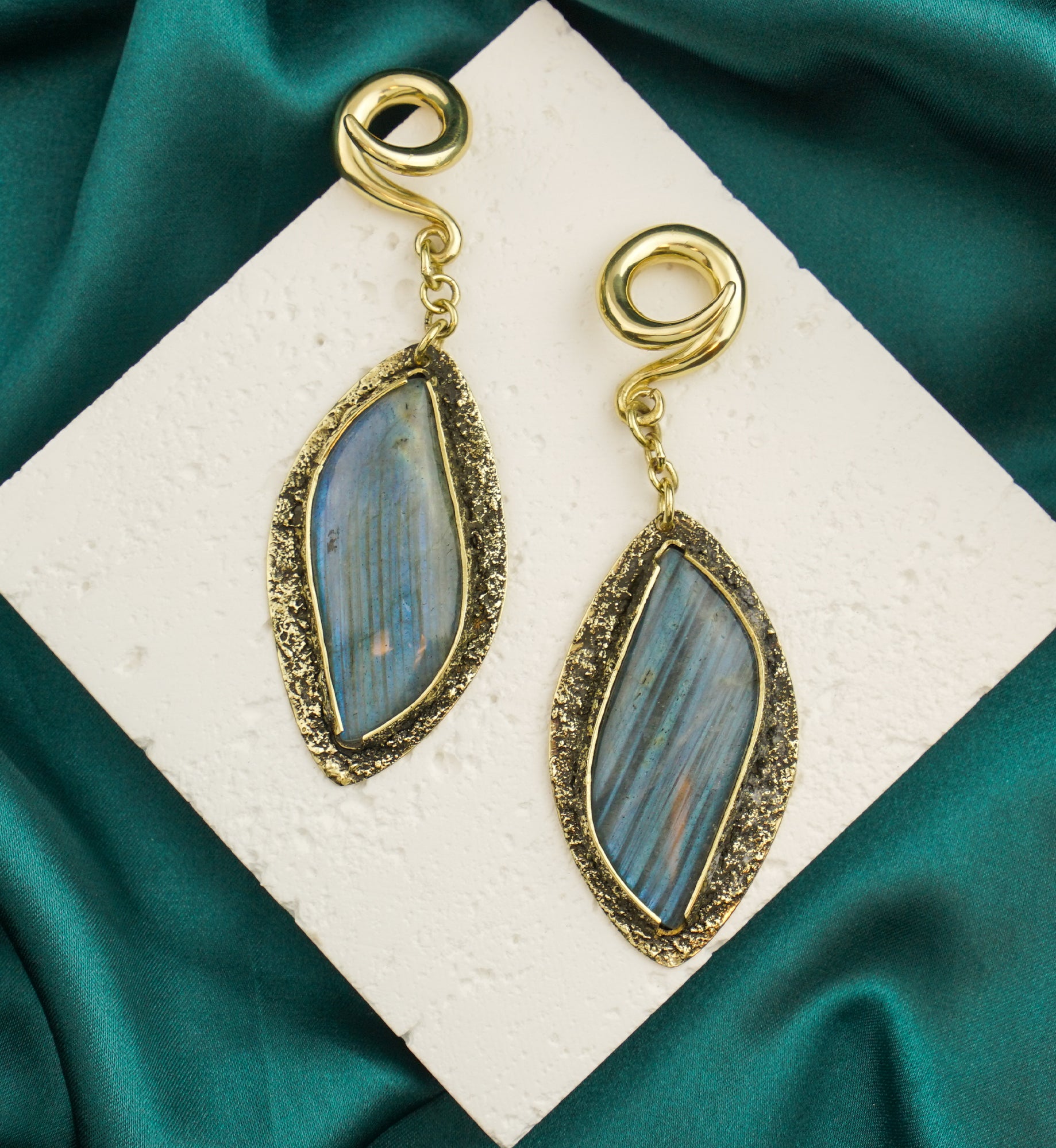 Textured Labradorite Stone Brass Hangers/Ear Weights Version 2