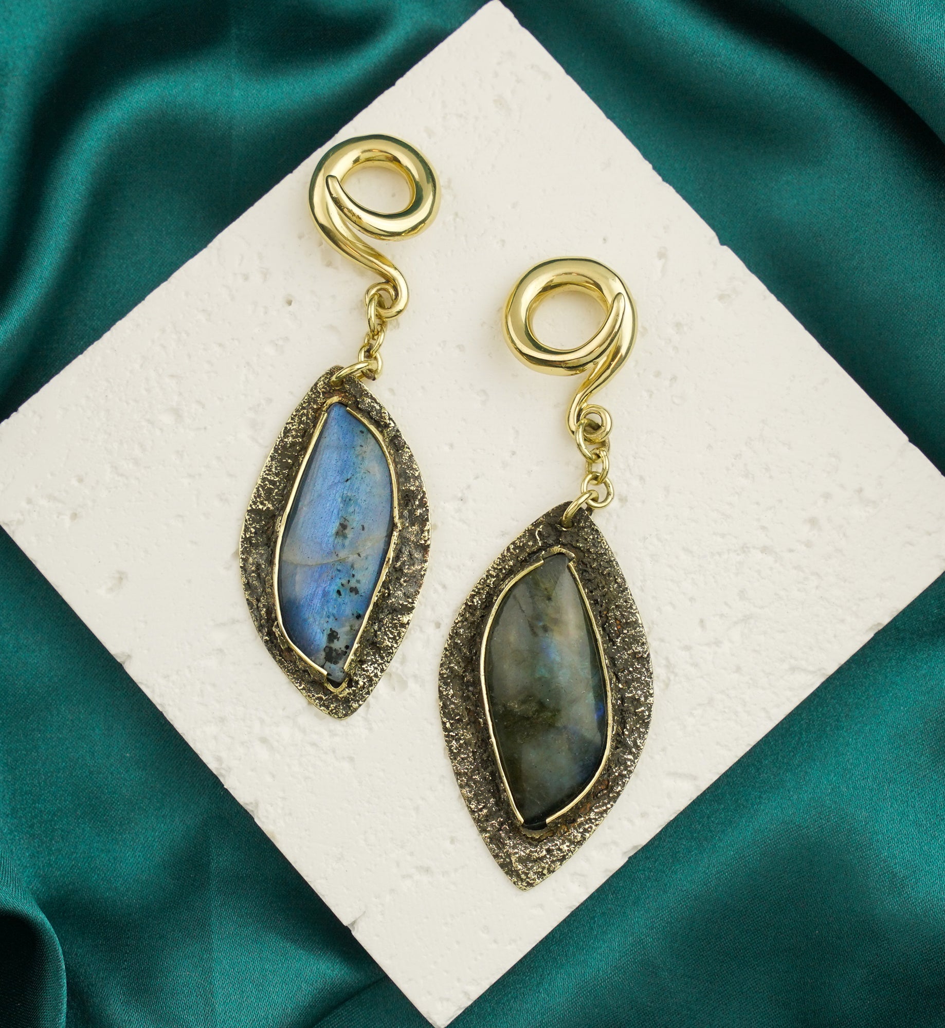 Textured Labradorite Stone Brass Hangers/Ear Weights Version 21