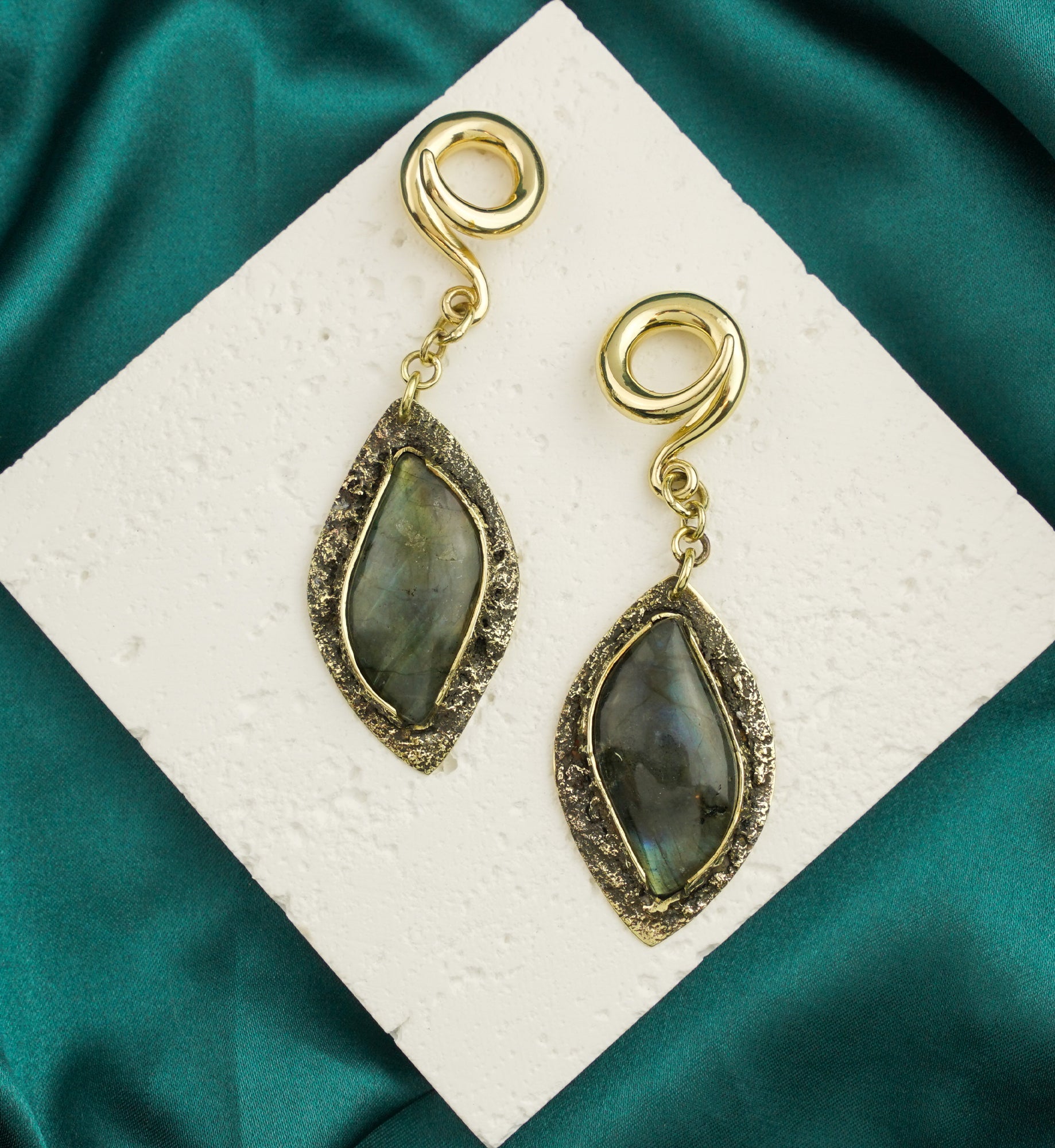 Textured Labradorite Stone Brass Hangers/Ear Weights Version 22