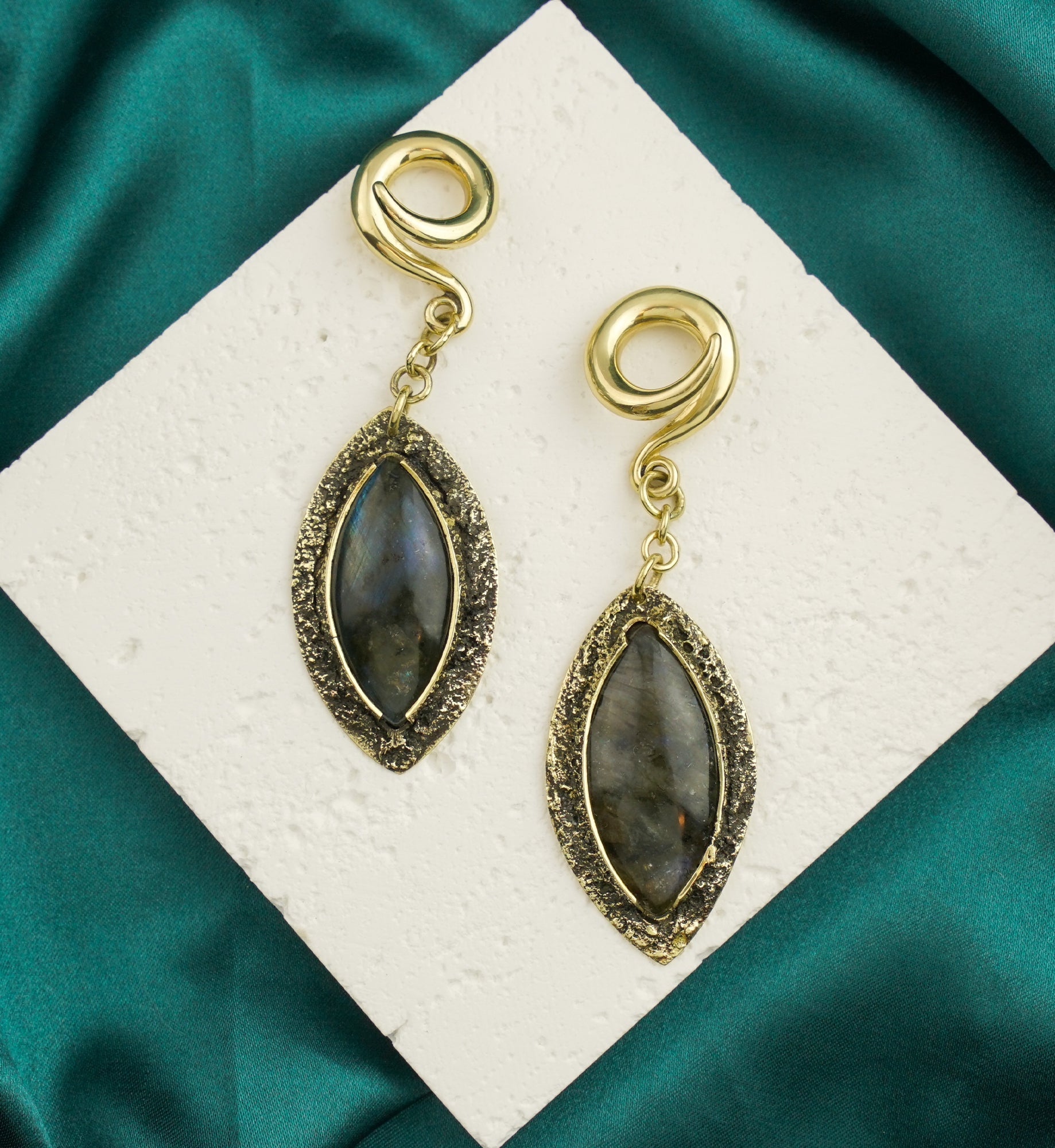 Textured Labradorite Stone Brass Hangers/Ear Weights Version 23