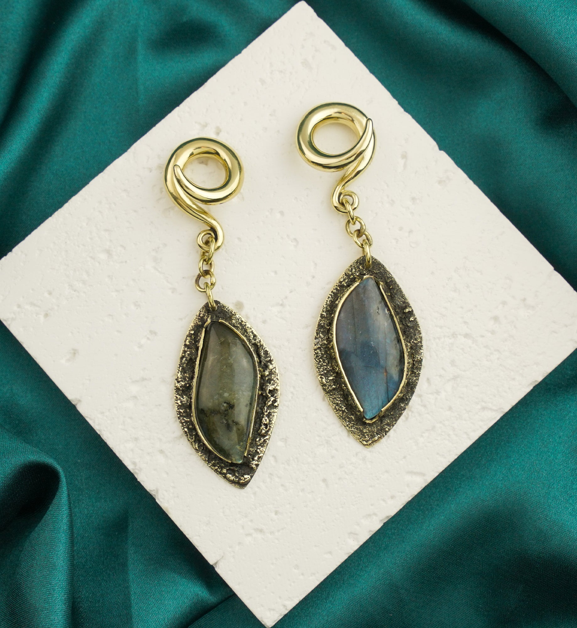 Textured Labradorite Stone Brass Hangers/Ear Weights Version 25
