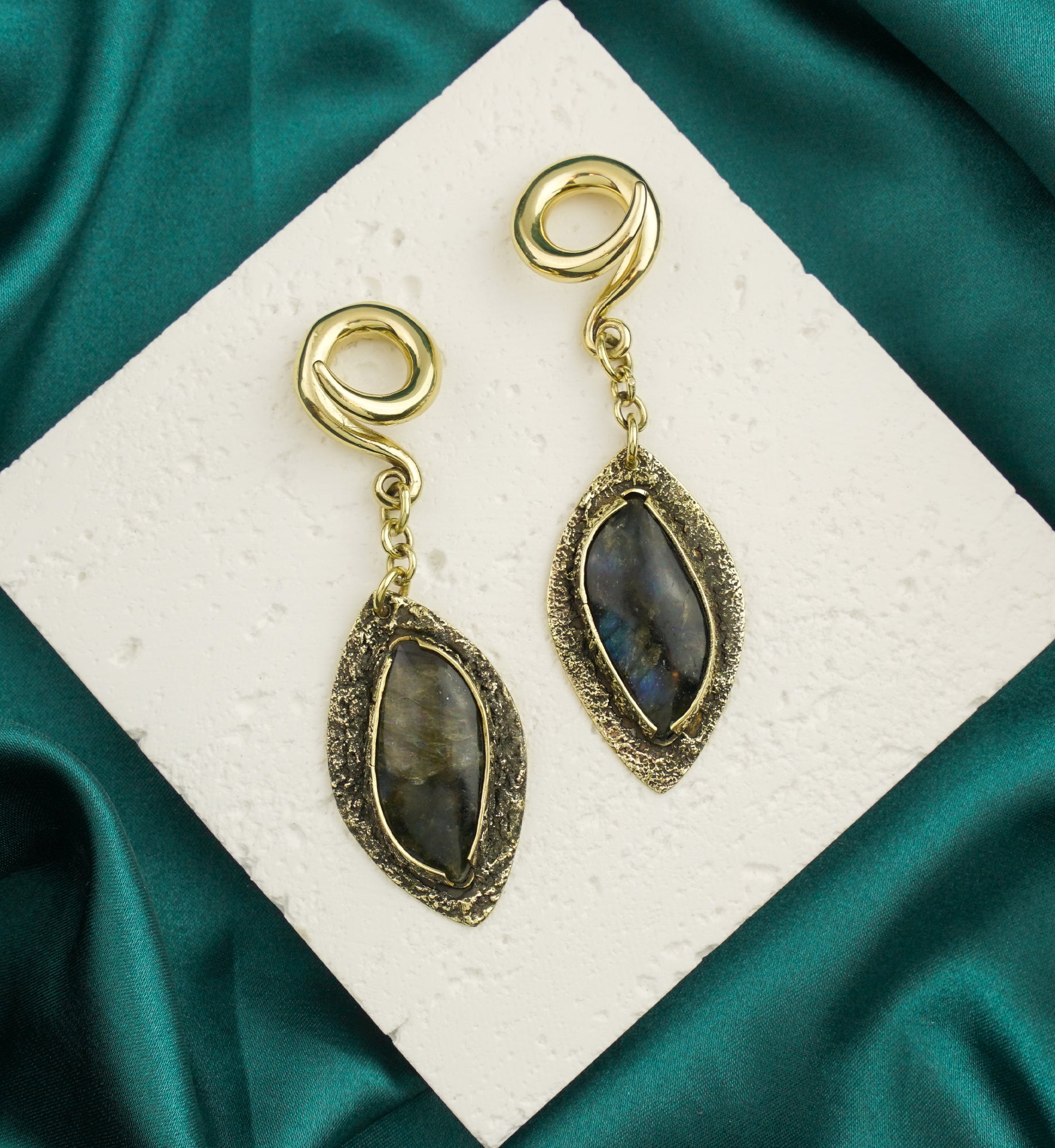 Textured Labradorite Stone Brass Hangers/Ear Weights Version 26