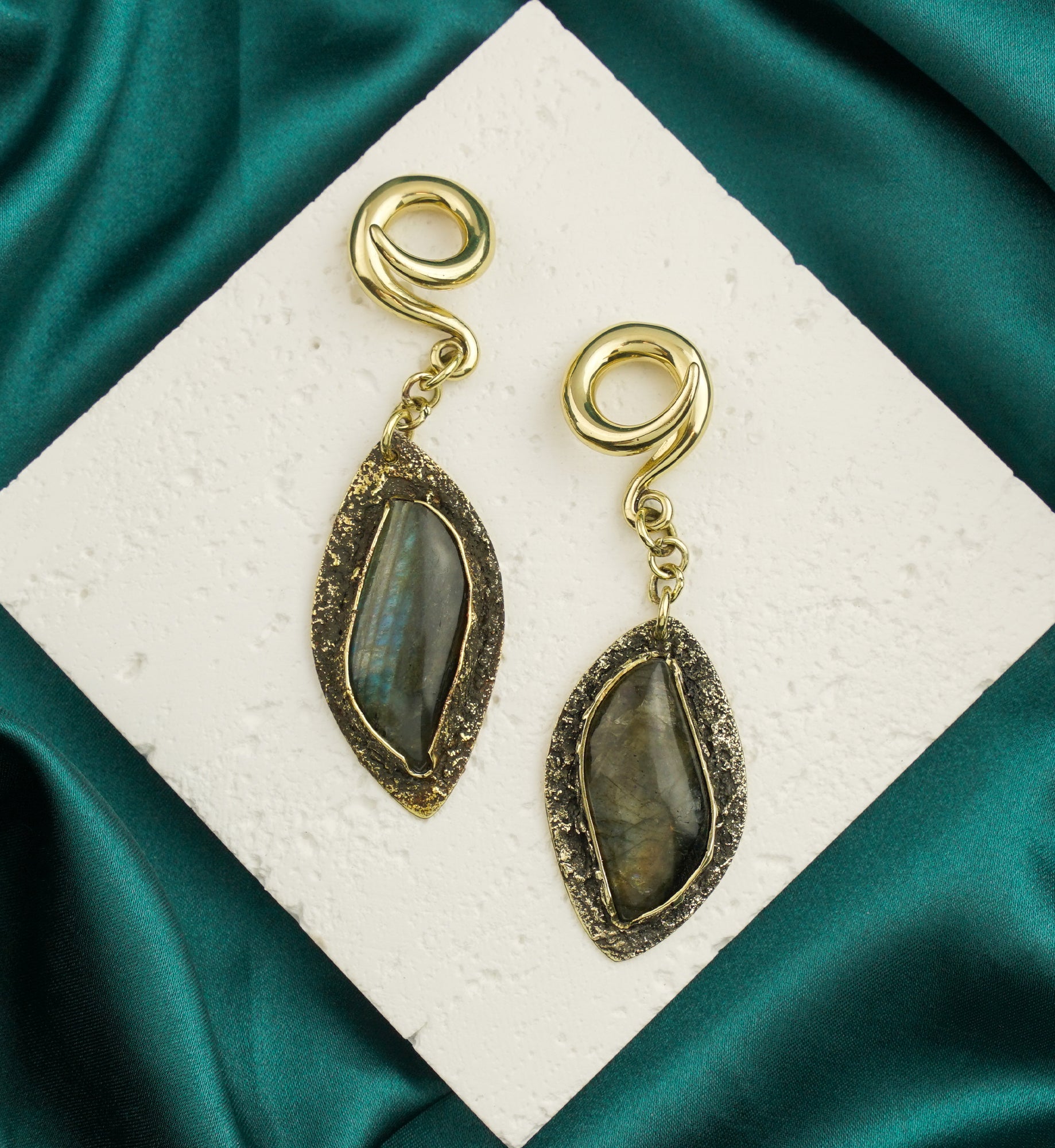 Textured Labradorite Stone Brass Hangers/Ear Weights Version 27