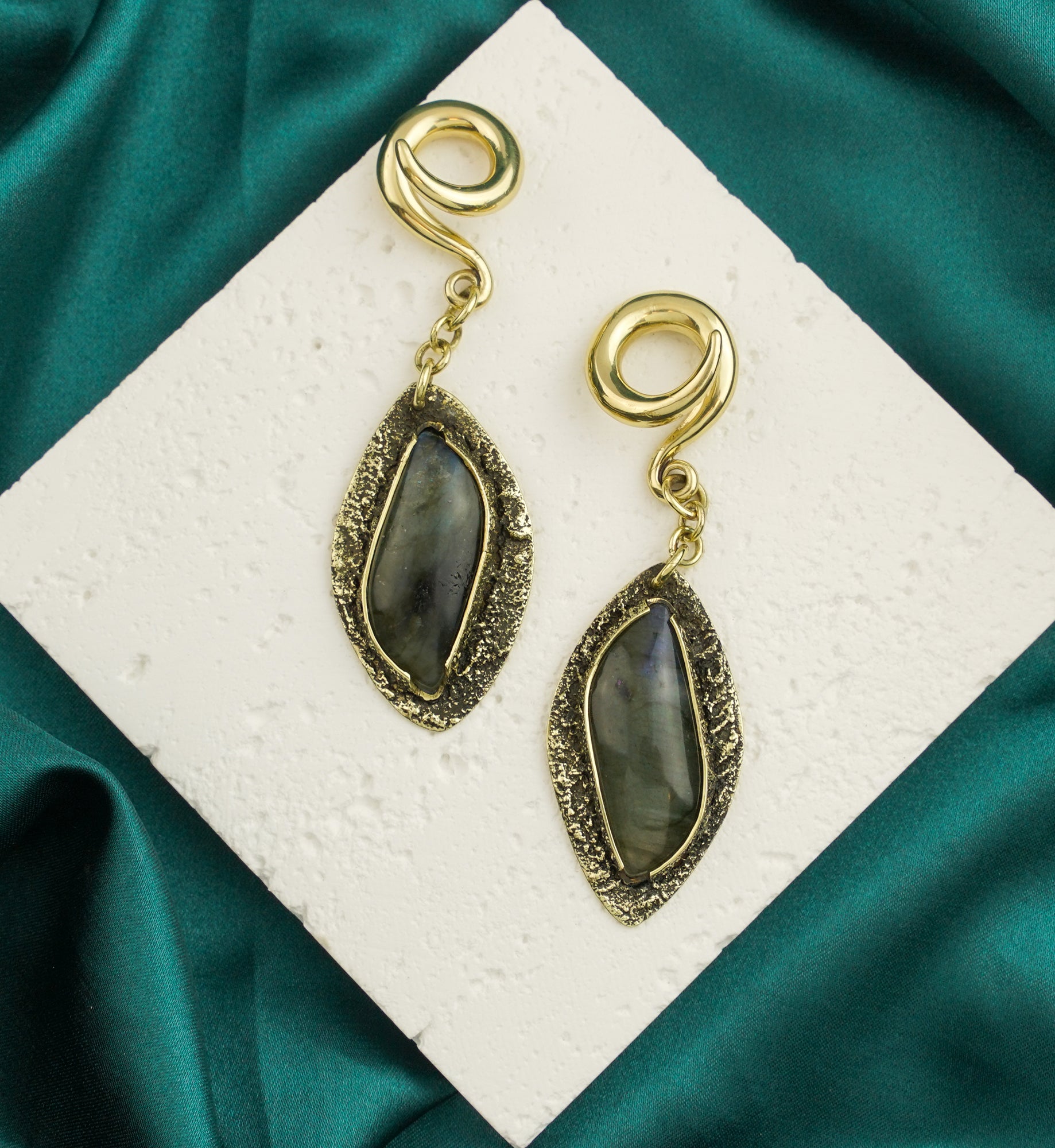 Textured Labradorite Stone Brass Hangers/Ear Weights Version 29