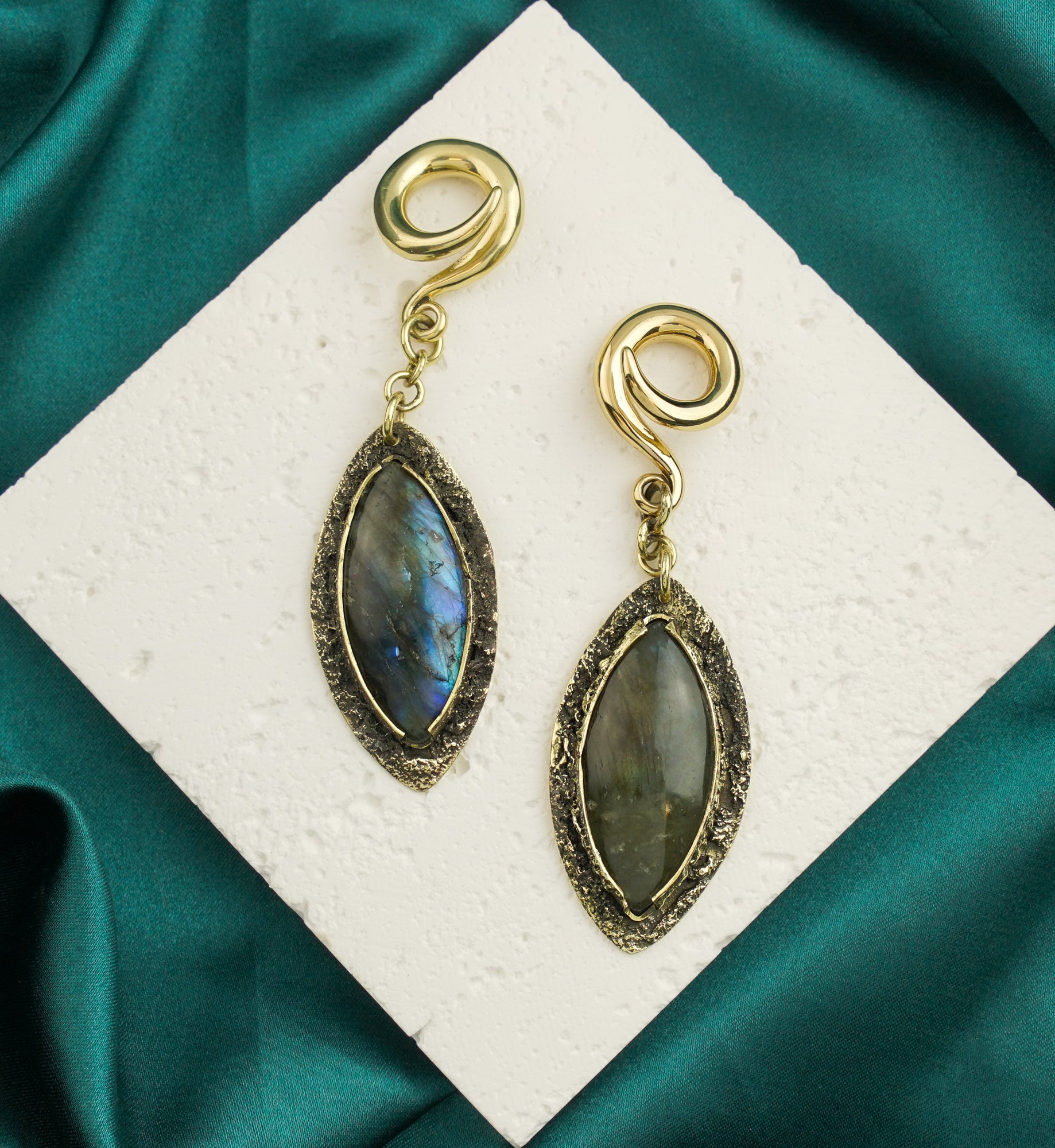 Textured Labradorite Stone Brass Hangers/Ear Weights Version 31