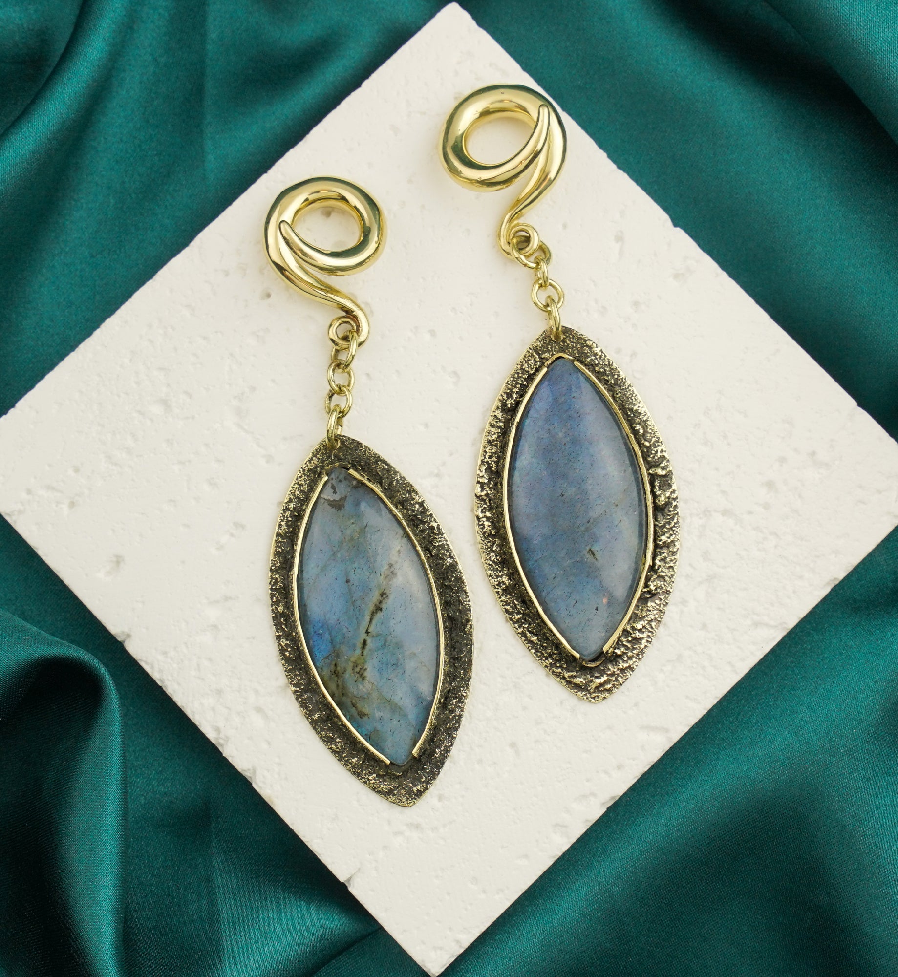 Textured Labradorite Stone Brass Hangers/Ear Weights Version 33