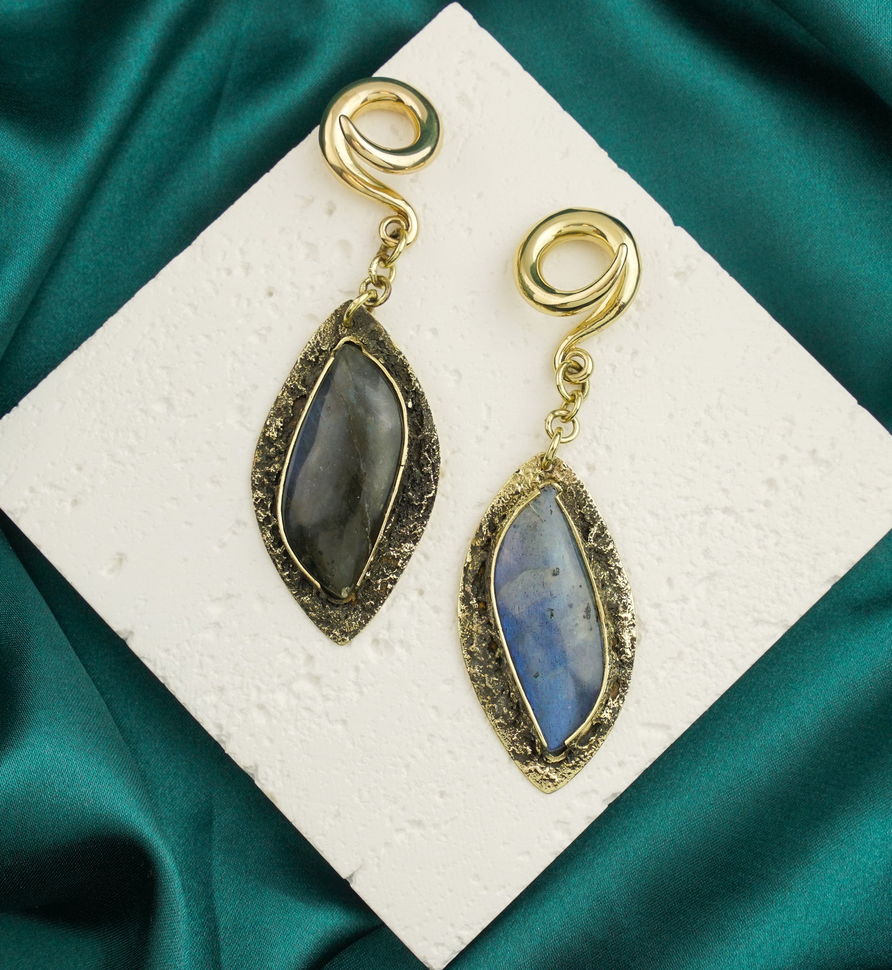 Textured Labradorite Stone Brass Hangers/Ear Weights Version 34