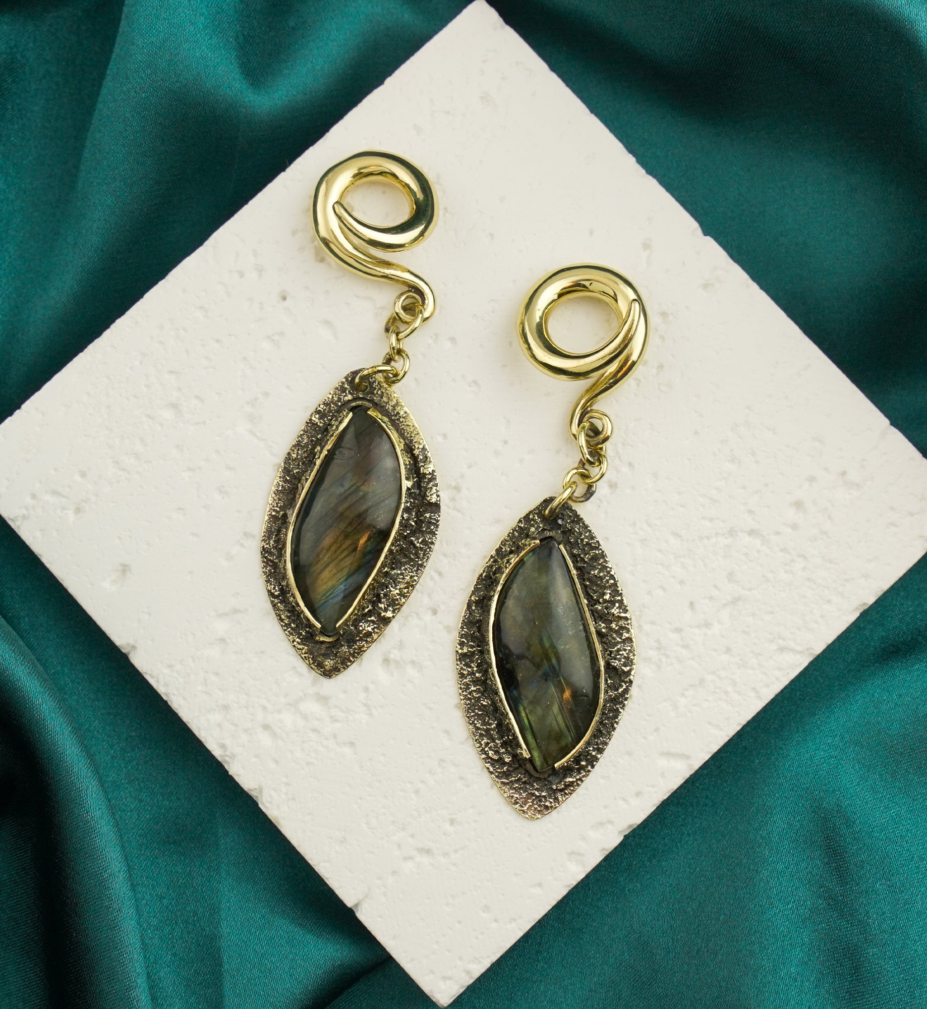 Textured Labradorite Stone Brass Hangers/Ear Weights Version 5