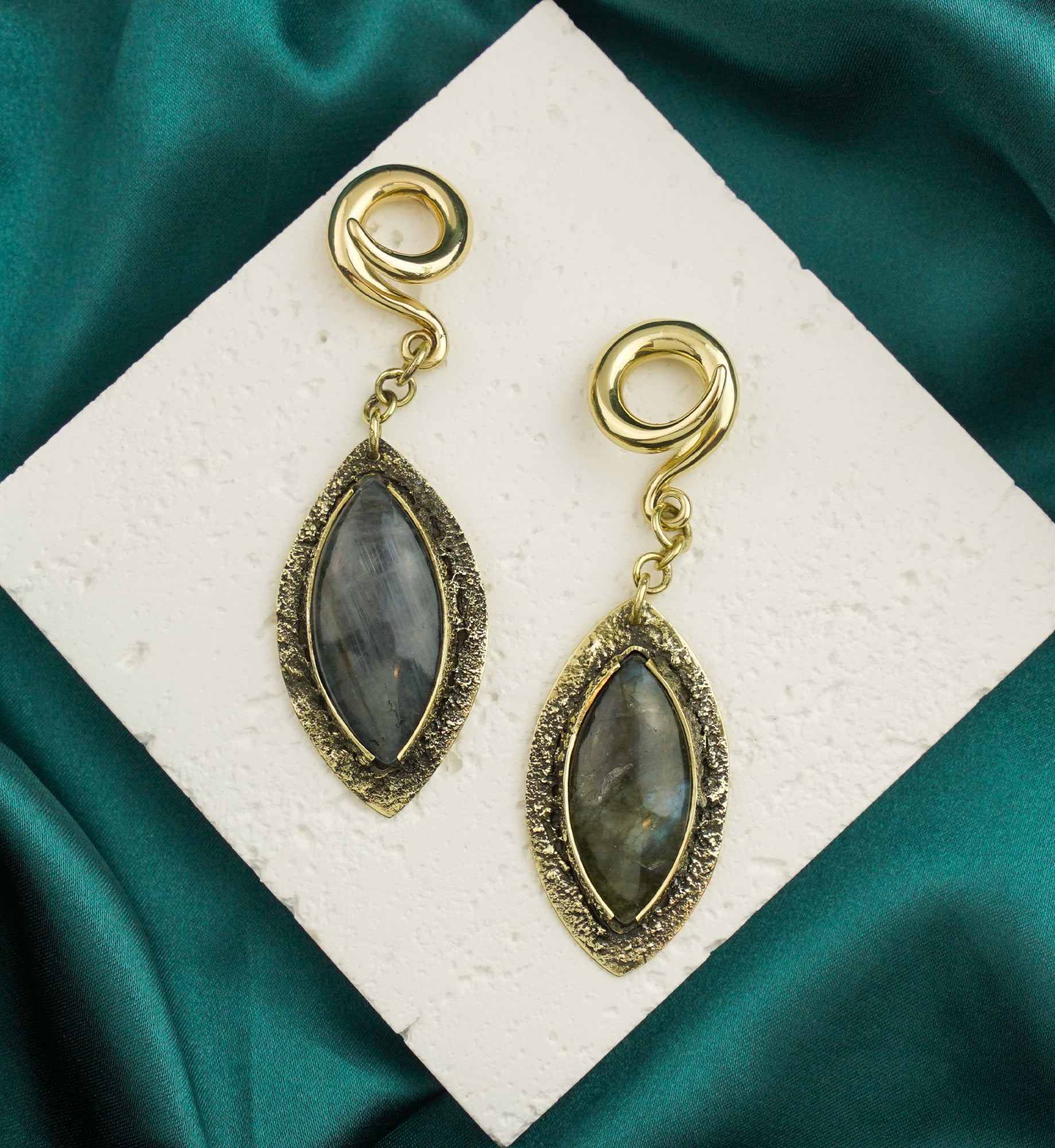 Textured Labradorite Stone Brass Hangers/Ear Weights Version 7