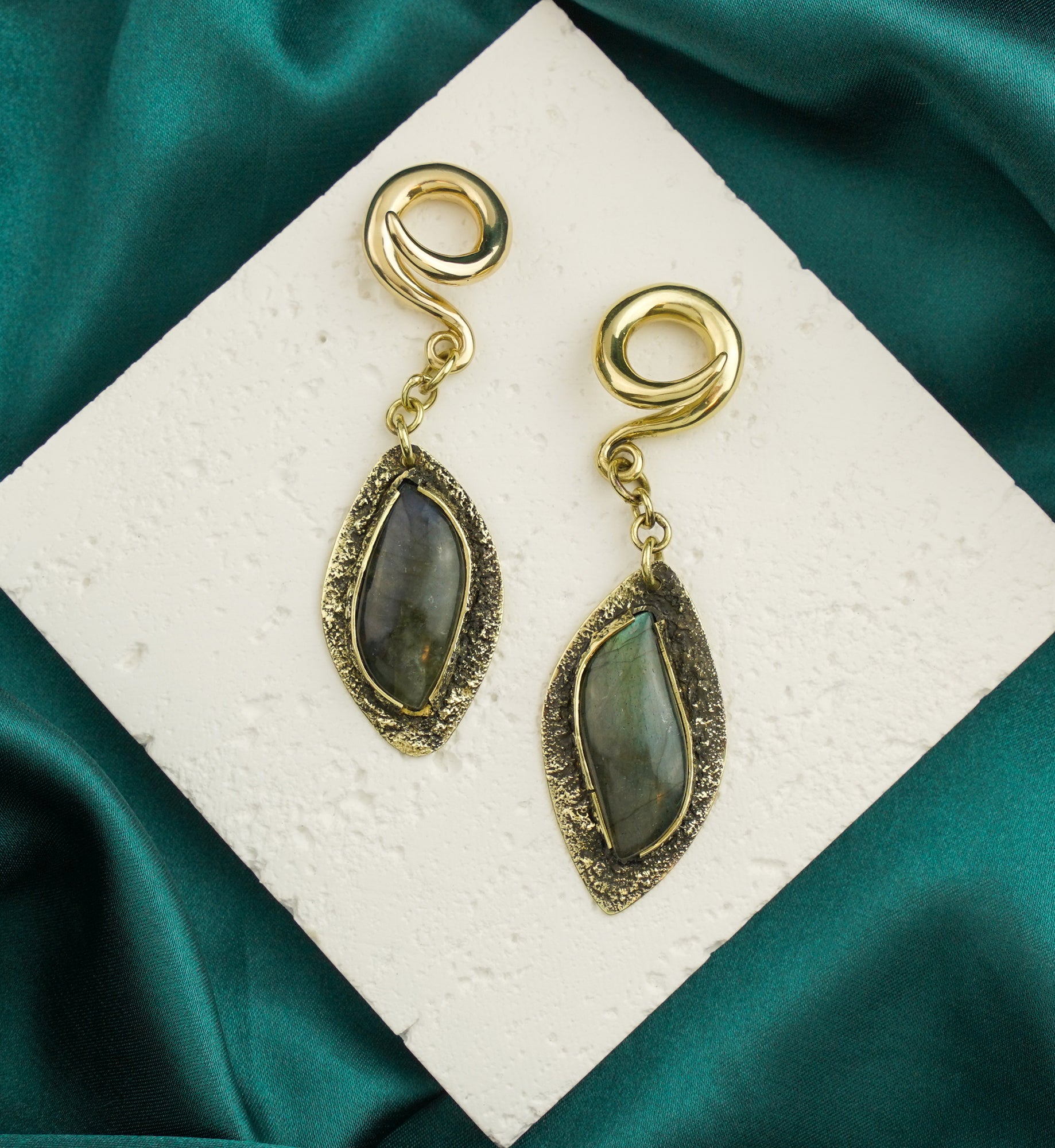 Textured Labradorite Stone Brass Hangers/Ear Weights Version 8